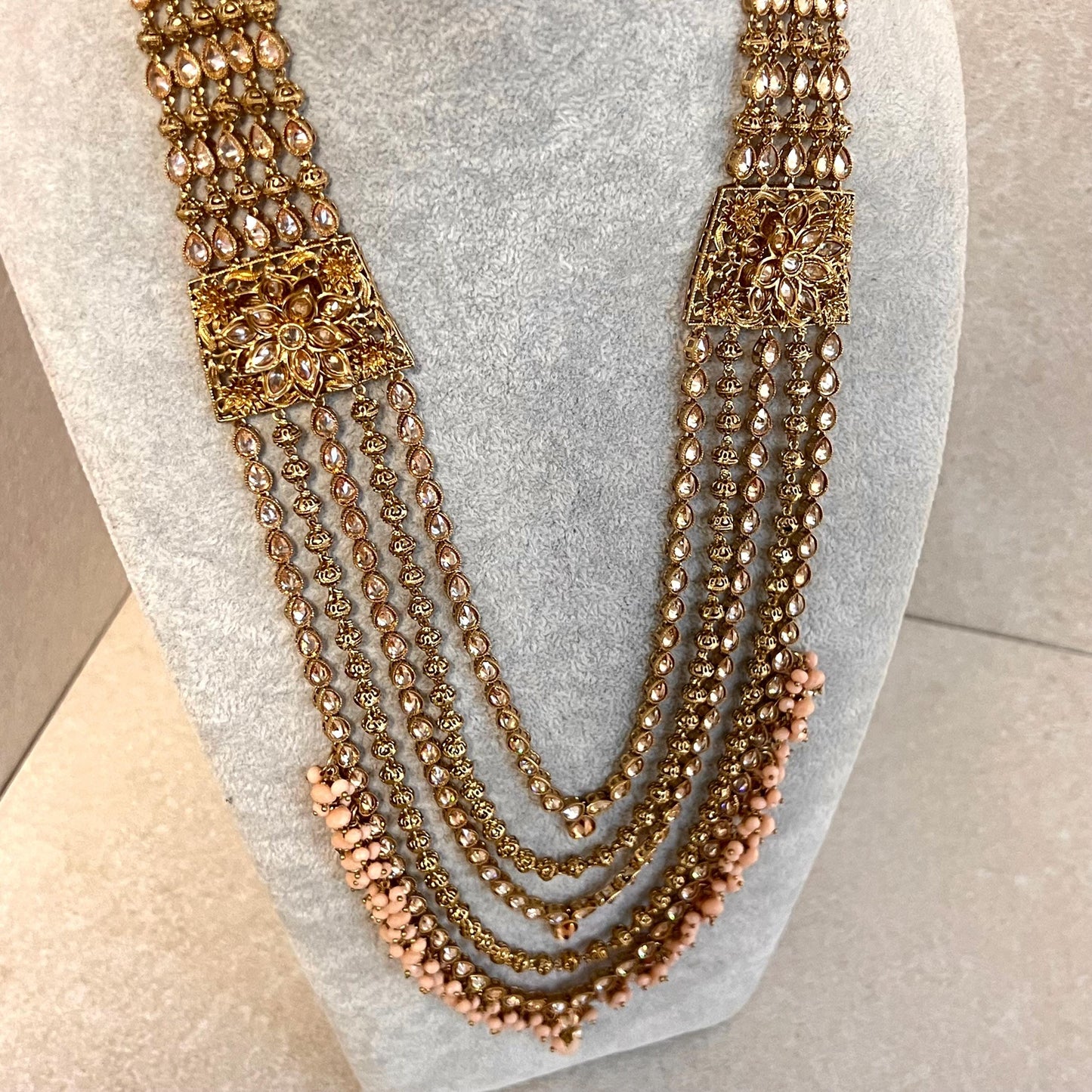Peach Gold 4 piece Antique Gold Champagne Zircon Long Mala Necklace Jhumka Earring Tikka High Quality Indian Pakistani Punjabi Style Gift