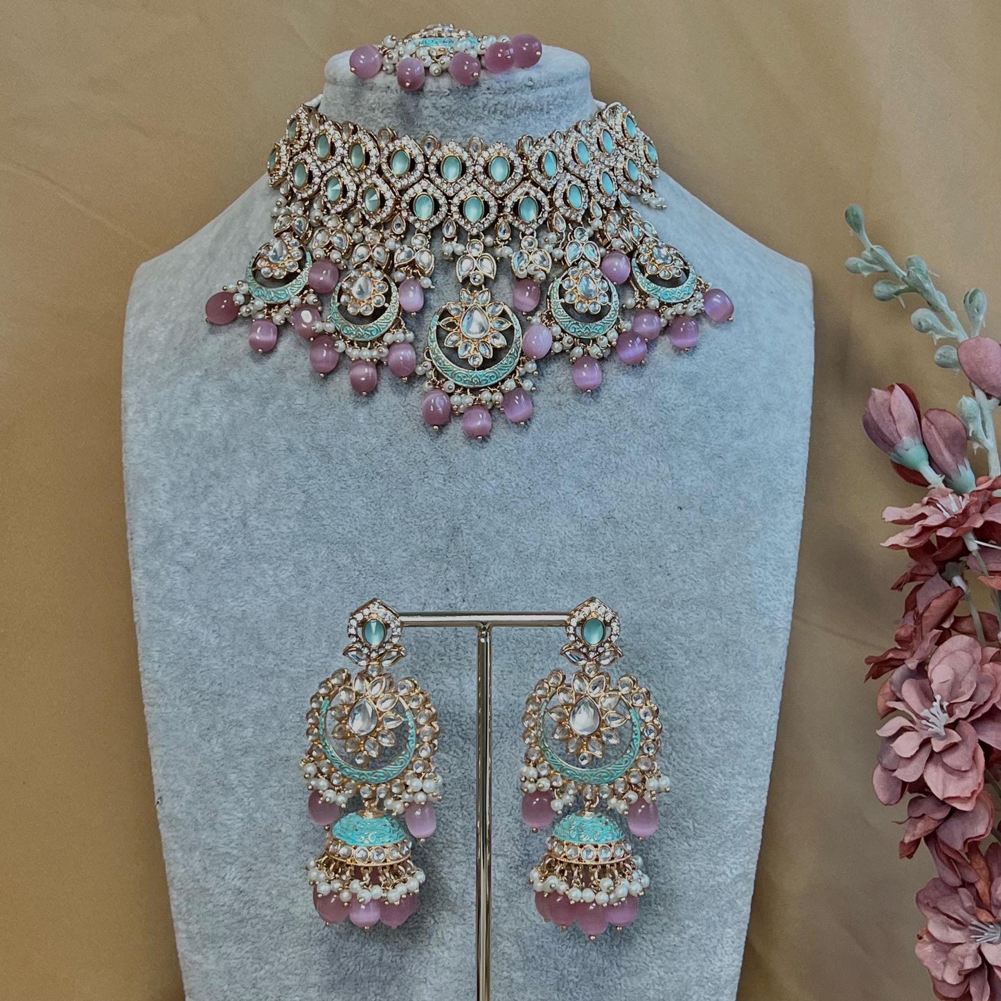 Pastels Faux Kundan Full Bridal Set/Mint & Pink Kundan Choker Set/Faux Kundan Jewellery/ Indian/ Pakistani Style/Bridal Jewellery
