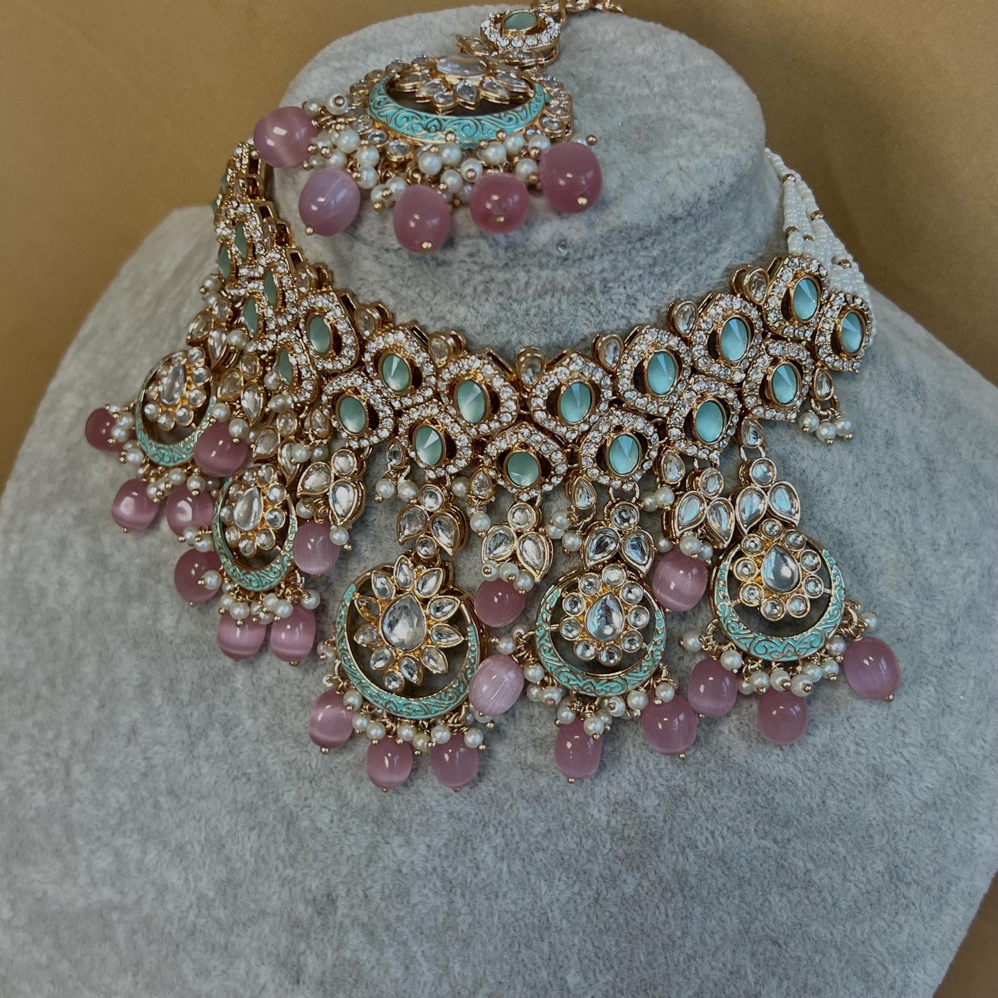 Pastels Faux Kundan Full Bridal Set/Mint & Pink Kundan Choker Set/Faux Kundan Jewellery/ Indian/ Pakistani Style/Bridal Jewellery