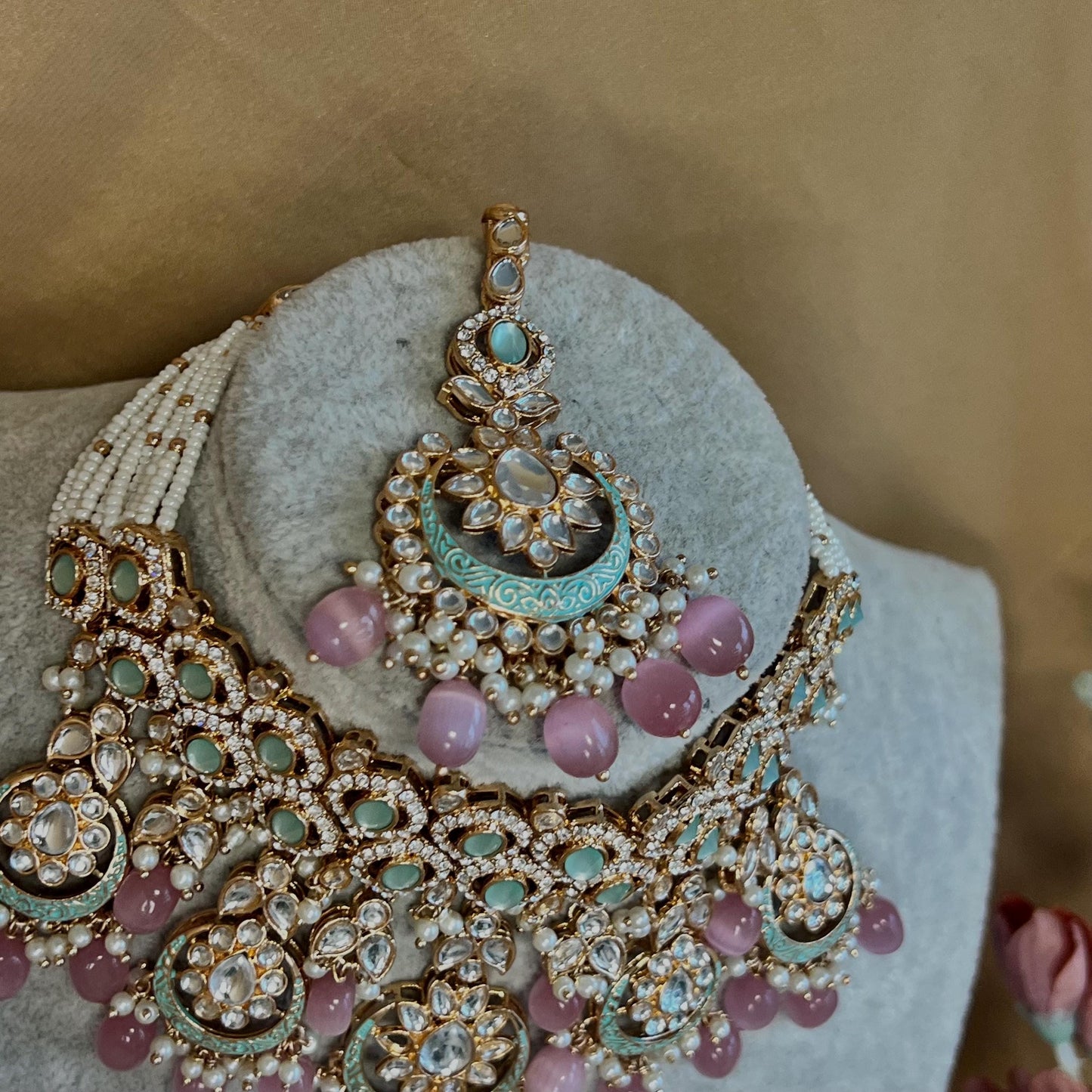 Pastels Faux Kundan Full Bridal Set/Mint & Pink Kundan Choker Set/Faux Kundan Jewellery/ Indian/ Pakistani Style/Bridal Jewellery