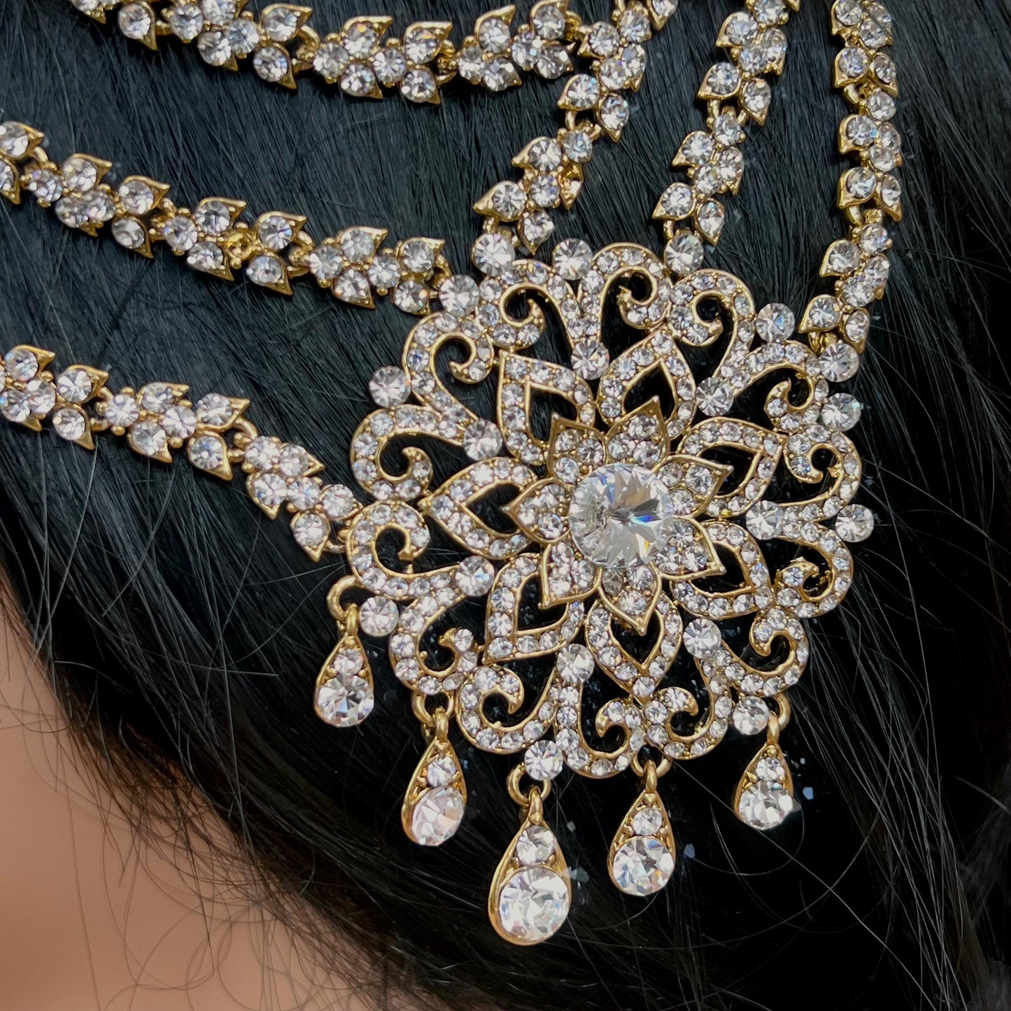 New Fashion Fancy Jhumar! Jhoomar Passa with Tikka One Piece Stylish Trending Indian Pakistani Style Bollywood Antique Gold Clear Rhinestone