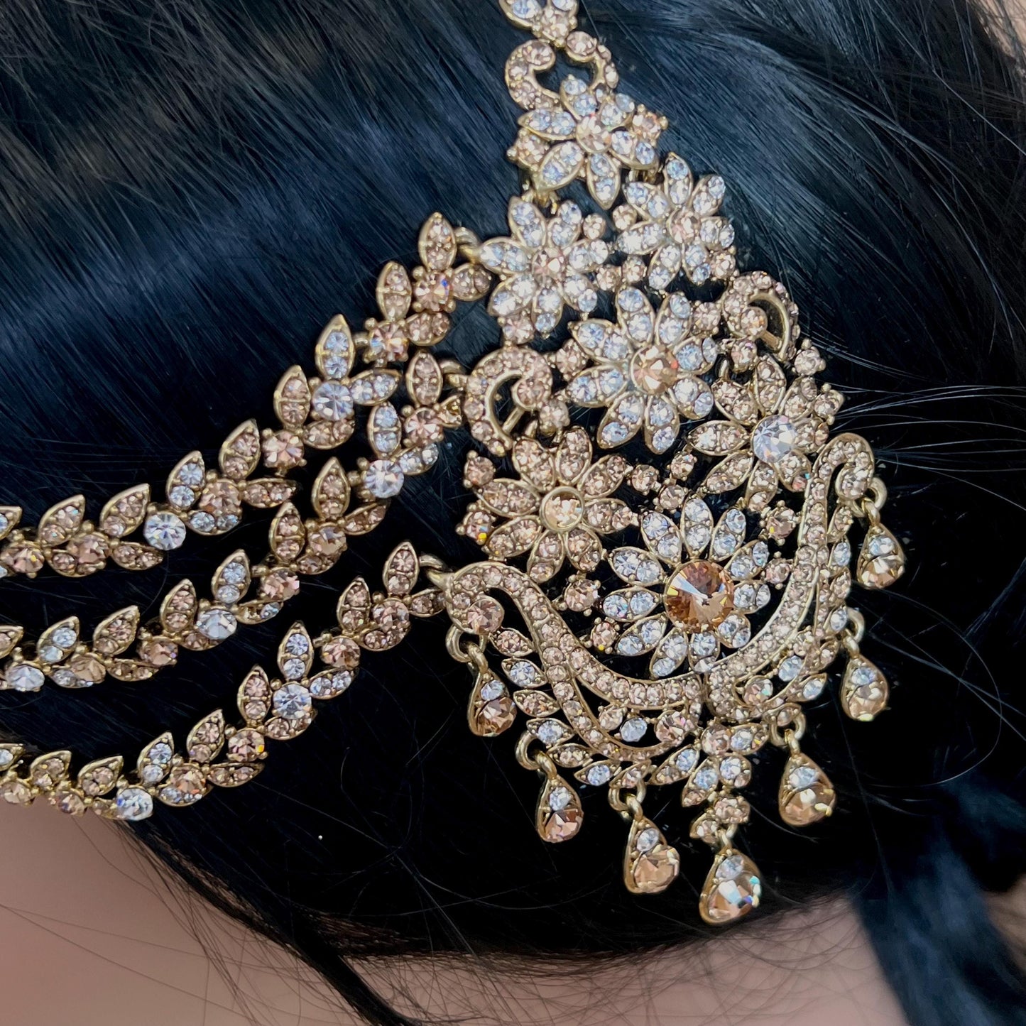 New Fashion Fancy Jhumar! Jhoomar Passa with Tikka One Piece Stylish Trending Indian Pakistani Style Bollywood Antique Gold Clear Rhinestone