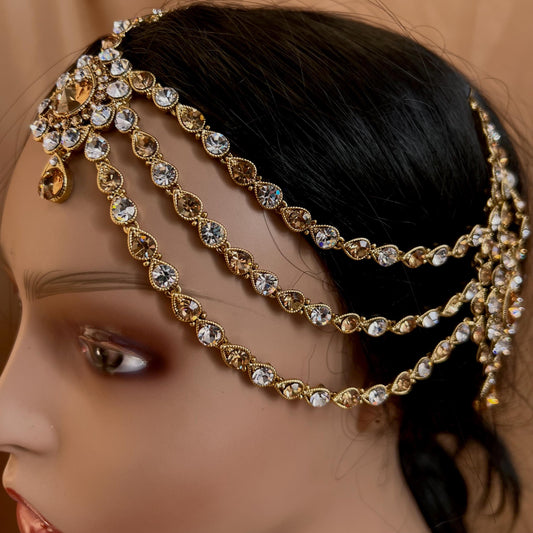 New Fashion Fancy Jhumar! Jhoomar Passa with Tikka One Piece Stylish Trending Indian Pakistani Style Bollywood Antique Gold Clear Rhinestone