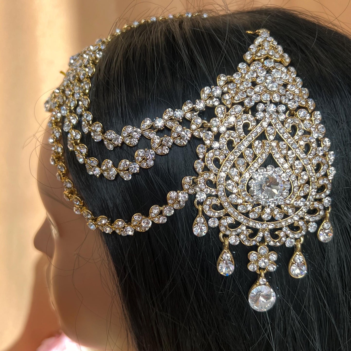 New Fashion Fancy Jhumar! Jhoomar Passa with Tikka One Piece Stylish Trending Indian Pakistani Style Bollywood Antique Gold Clear Rhinestone