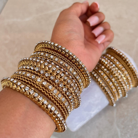 Antique Gold Clear Crystal Sparkly Chunky Bangle Set Indian Pakistani Punjabi Party Fashion Churi Wedding High Quality Gift Both Arm SALE
