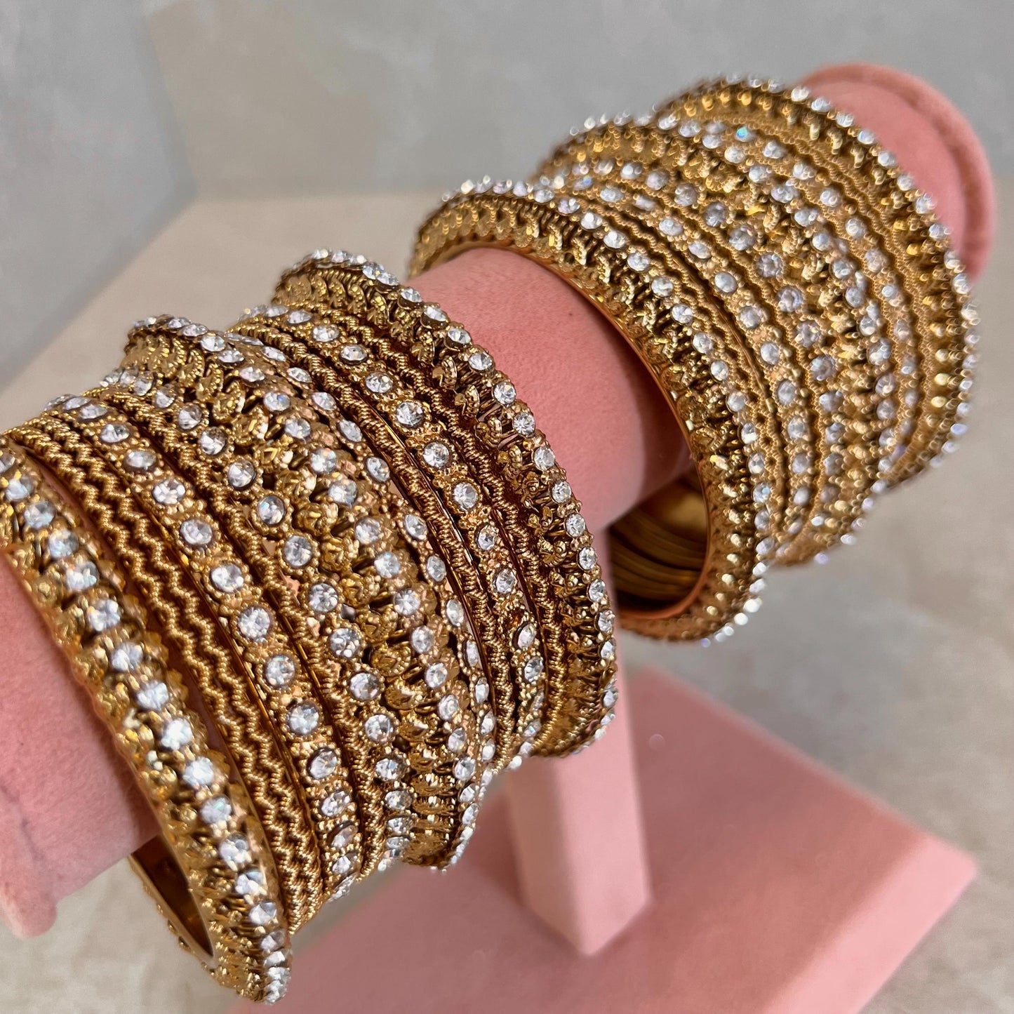 Antique Gold Clear Crystal Sparkly Chunky Bangle Set Indian Pakistani Punjabi Party Fashion Churi Wedding High Quality Gift Both Arm SALE