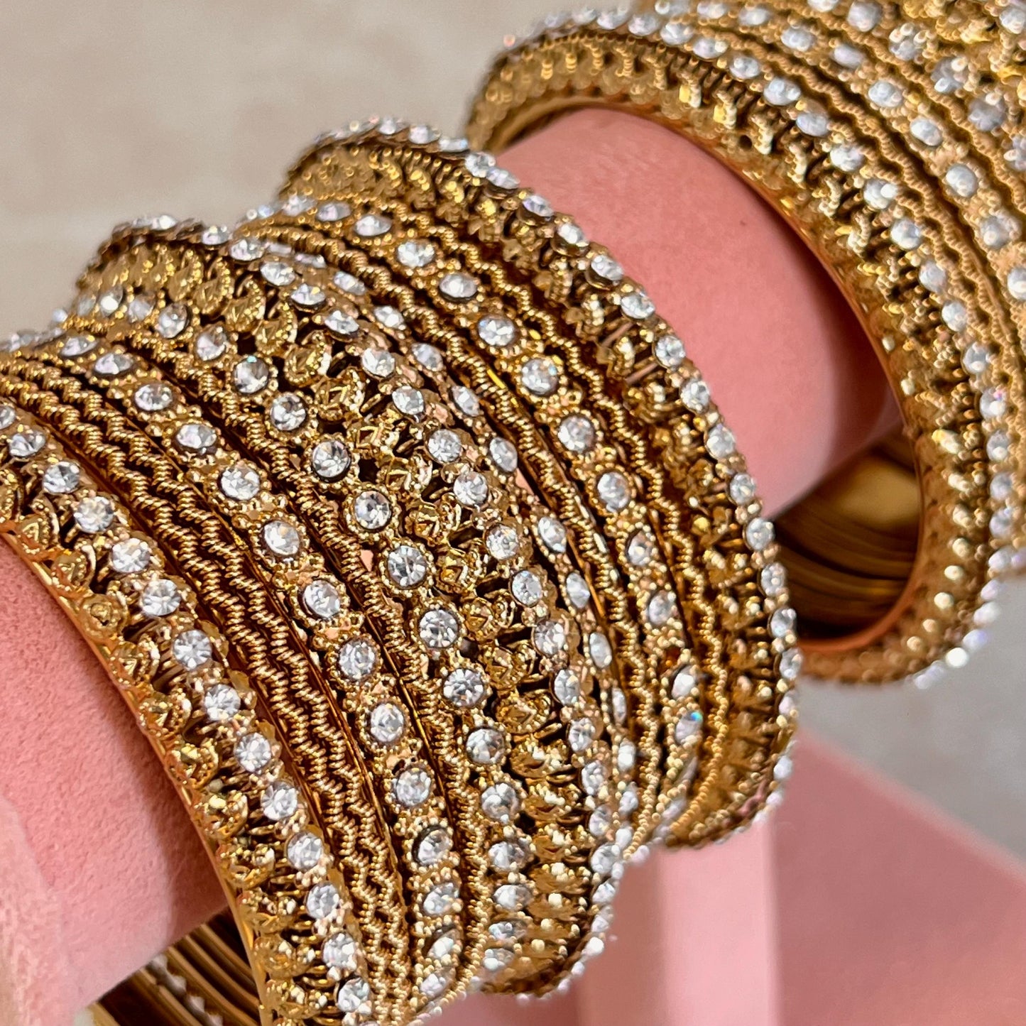 Antique Gold Clear Crystal Sparkly Chunky Bangle Set Indian Pakistani Punjabi Party Fashion Churi Wedding High Quality Gift Both Arm SALE