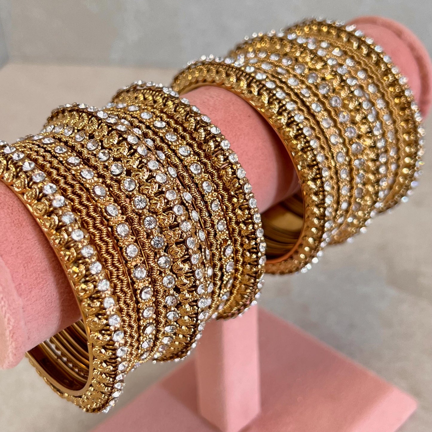 Antique Gold Clear Crystal Sparkly Chunky Bangle Set Indian Pakistani Punjabi Party Fashion Churi Wedding High Quality Gift Both Arm SALE