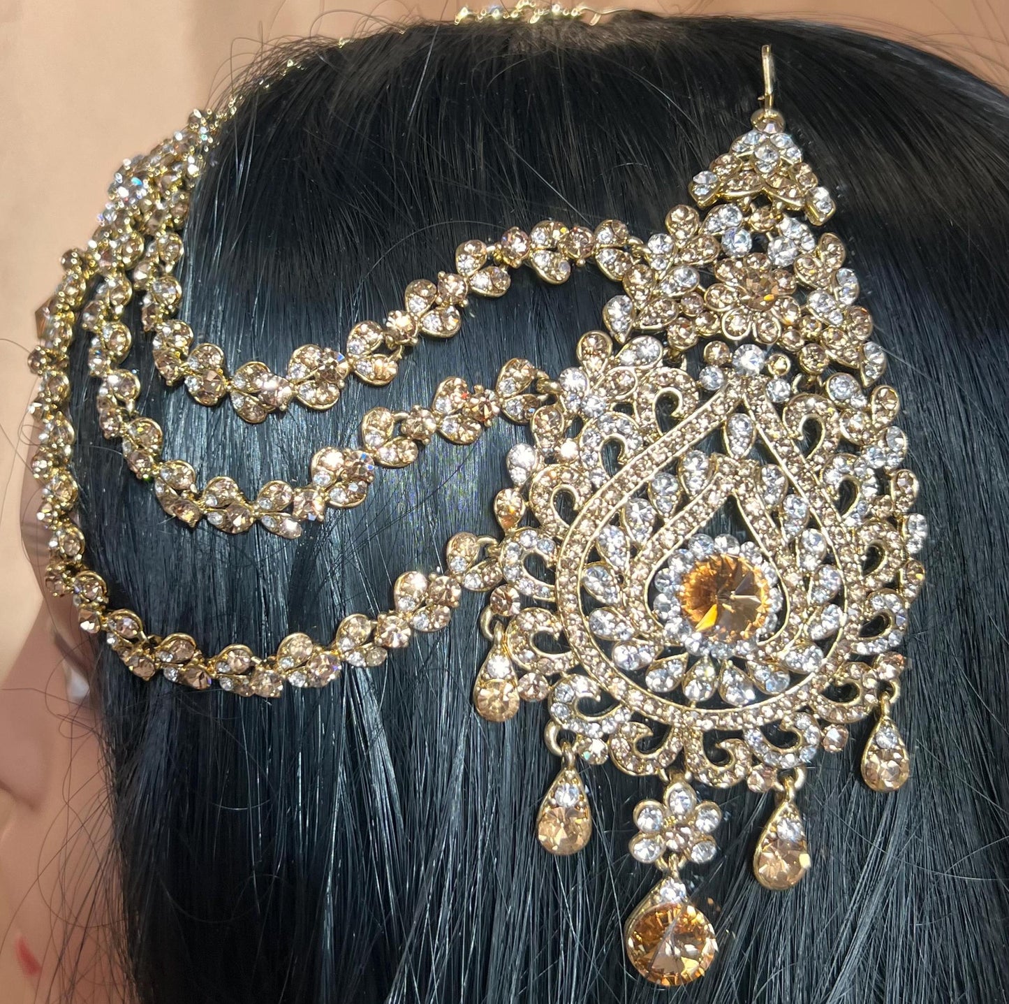 New Fashion Fancy Jhumar! Jhoomar Passa with Tikka One Piece Stylish Trending Indian Pakistani Style Bollywood Antique Gold Clear Rhinestone