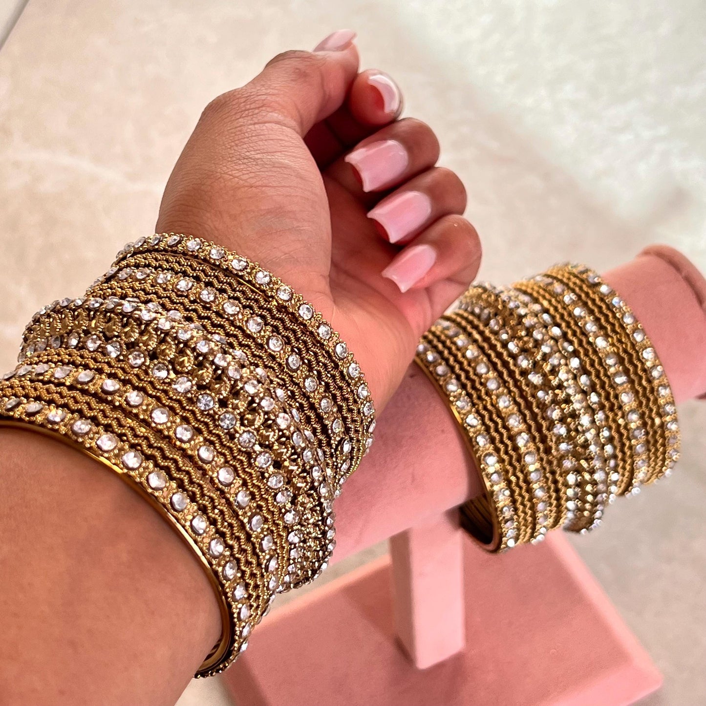 Antique Gold Clear Crystal Sparkly Chunky Bangle Set Indian Pakistani Punjabi Party Fashion Churi Wedding High Quality Gift Both Arm SALE