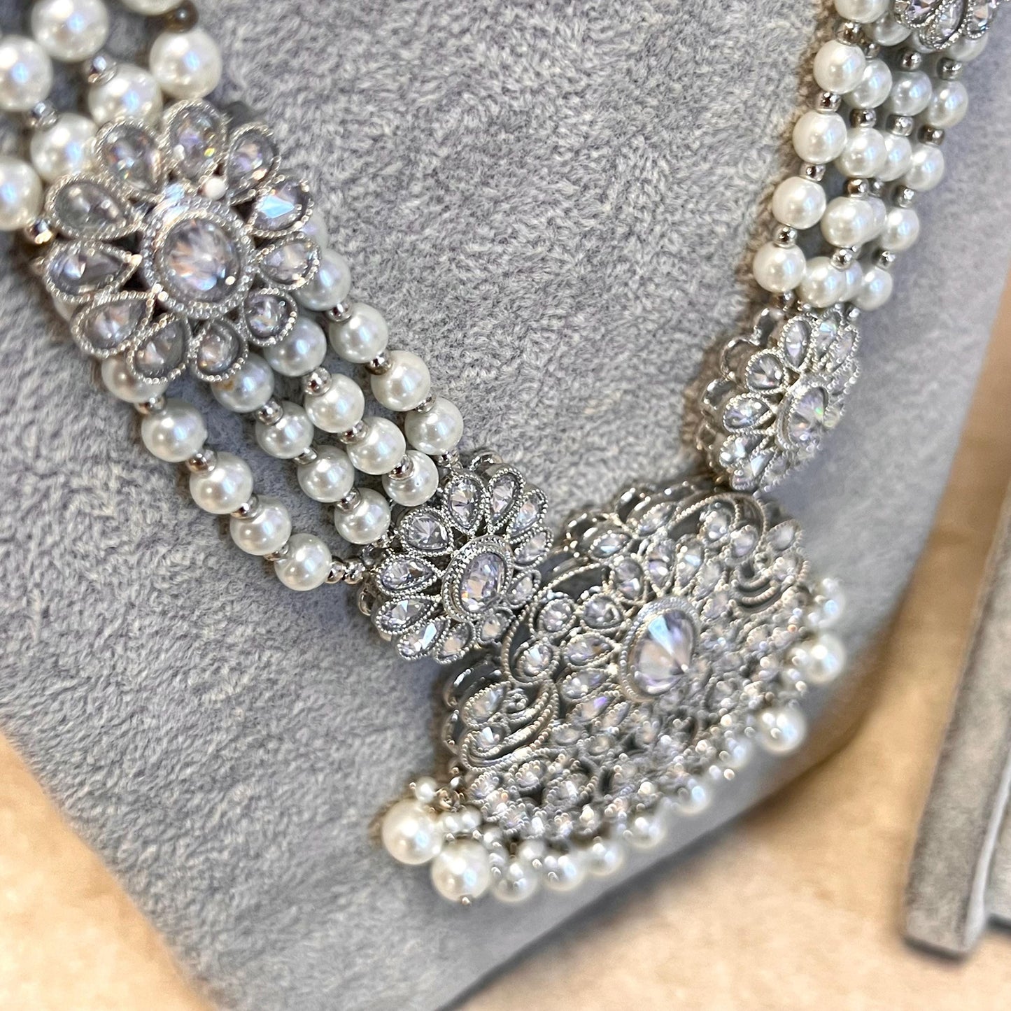 New! Silver Zircon Crystal/  Long Mala/ Haar Long Necklace Earring Tikka Unique Style Indian/ Pakistani Fashion Jewellery Gift for her