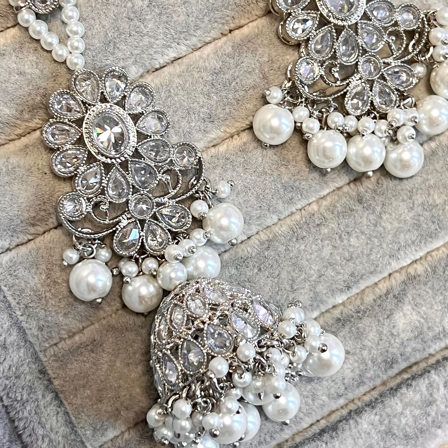 New! Silver Zircon Crystal/  Long Mala/ Haar Long Necklace Earring Tikka Unique Style Indian/ Pakistani Fashion Jewellery Gift for her