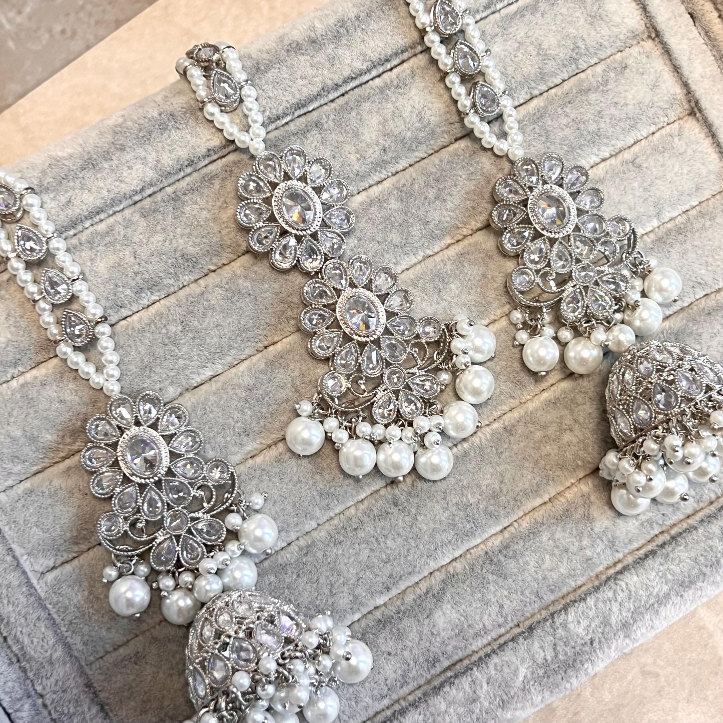 New! Silver Zircon Crystal/  Long Mala/ Haar Long Necklace Earring Tikka Unique Style Indian/ Pakistani Fashion Jewellery Gift for her