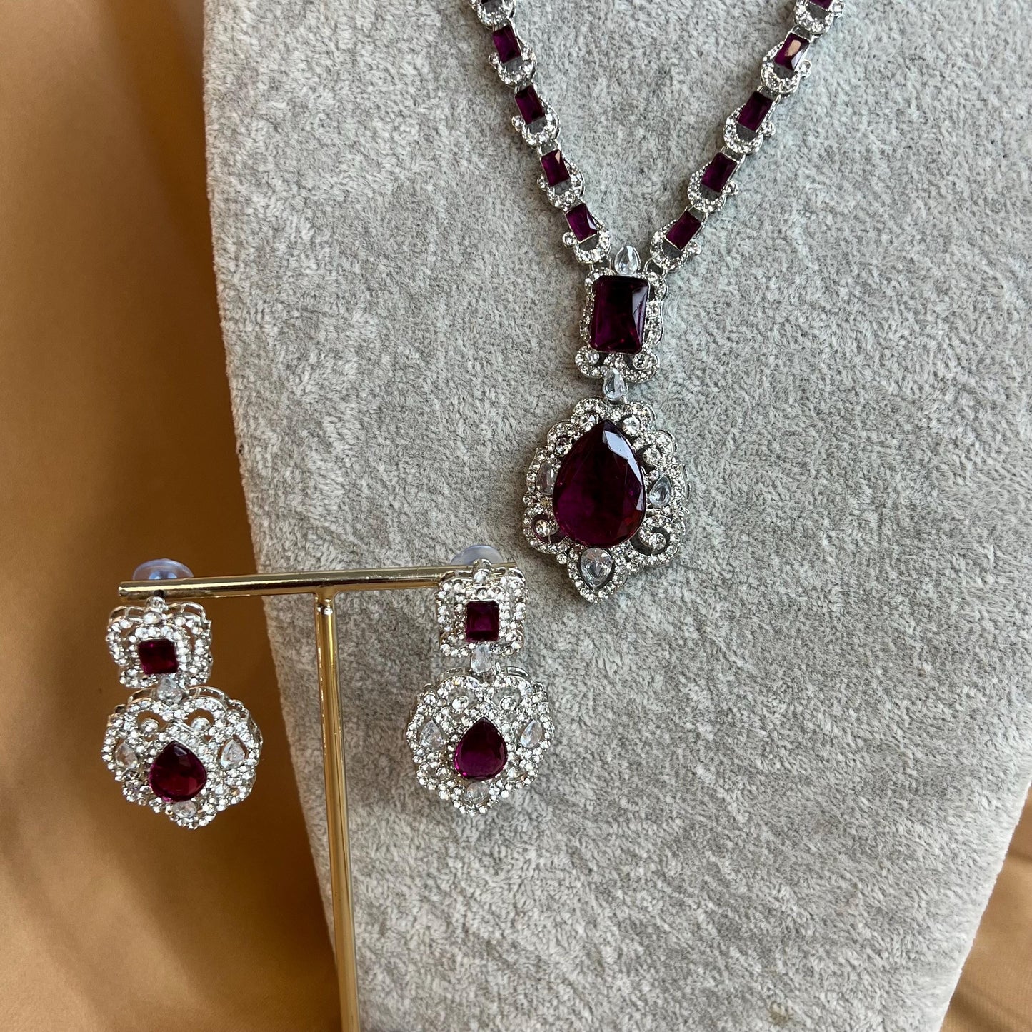 Purple Silver Short Necklace with Earring/Reception/Christmas/New Years Party/Fashion Jewellery/ Gift for Women/Purple Jewellery