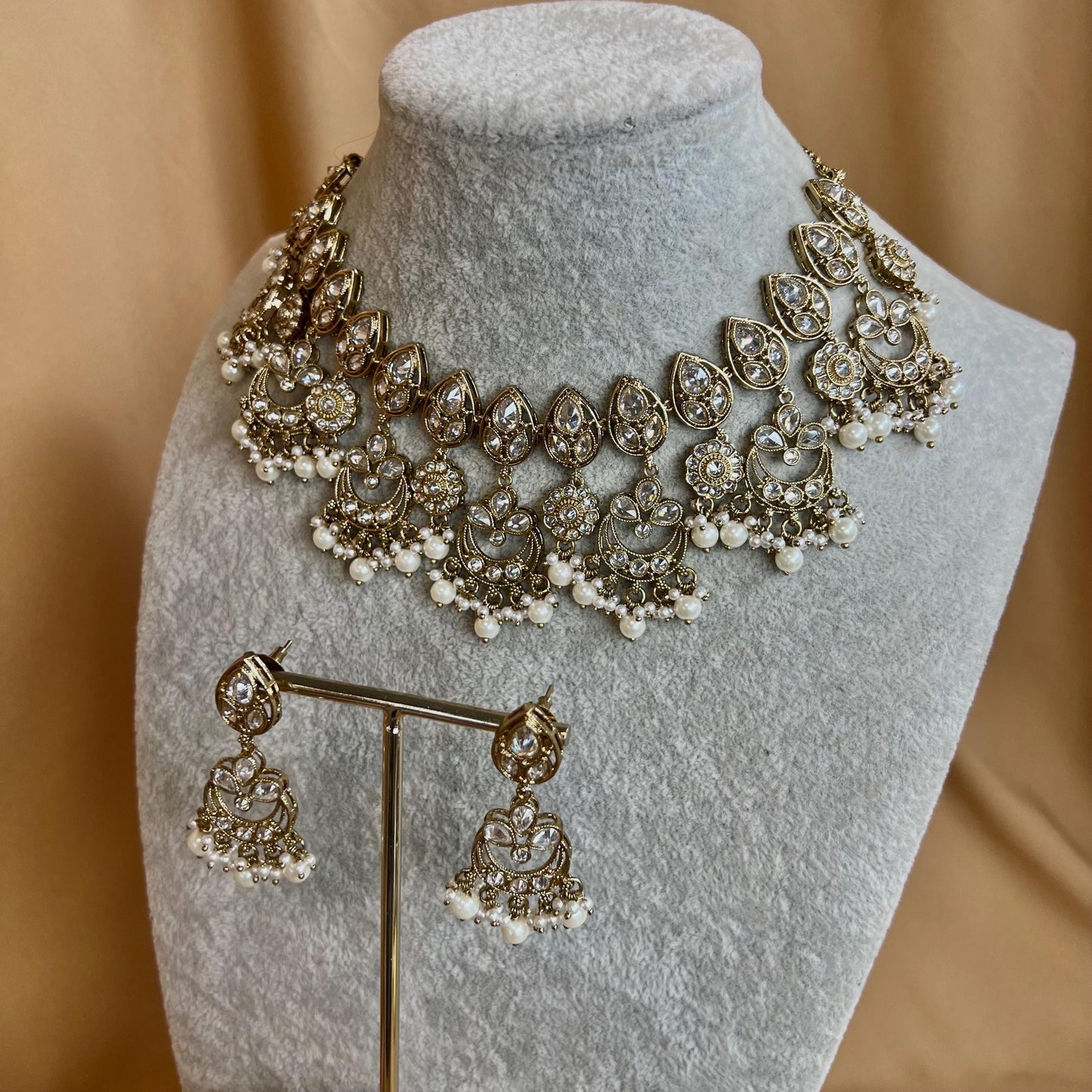 Clear Crystal Indian Necklace set - Indian/ Pakistani Style/Bridal set/Wedding/ Light gold