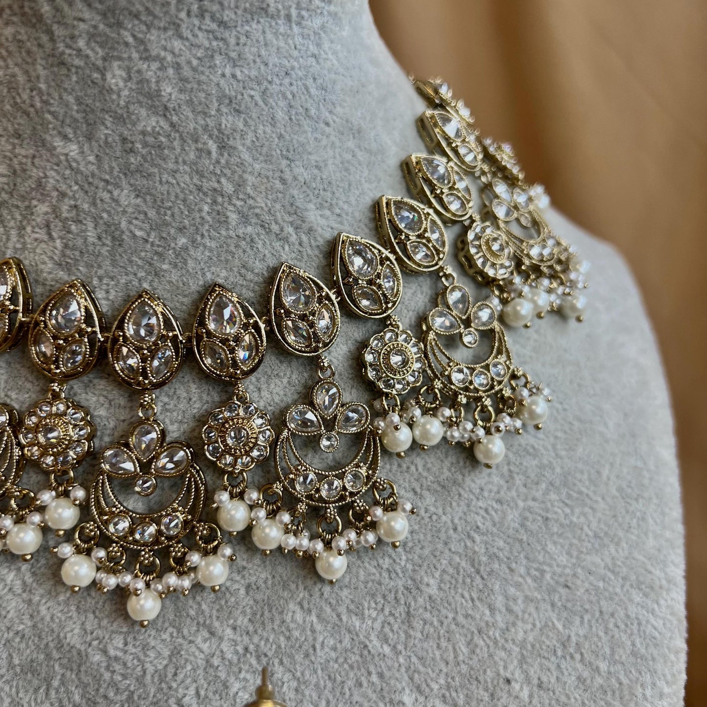 Clear Crystal Indian Necklace set - Indian/ Pakistani Style/Bridal set/Wedding/ Light gold
