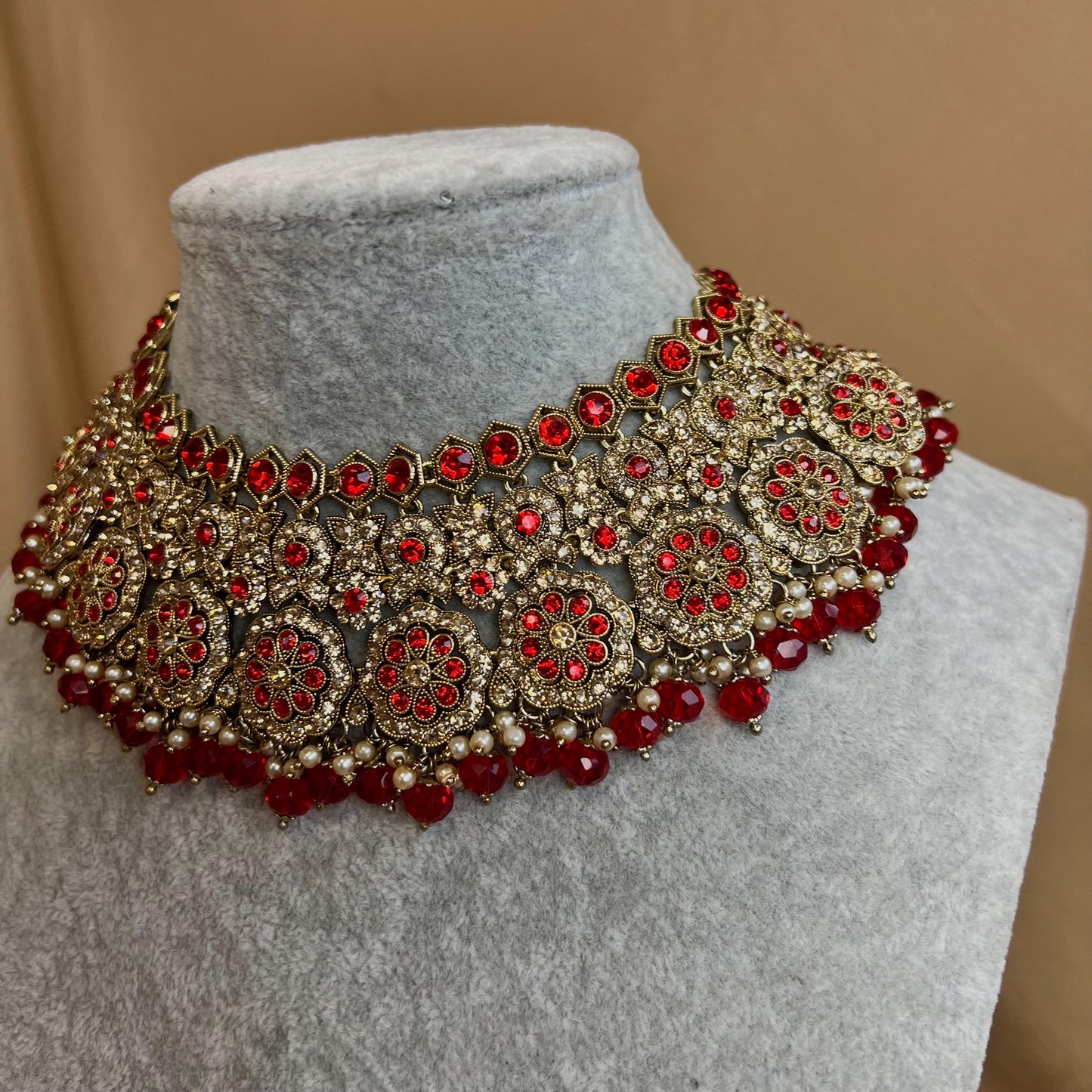 Red Necklace Set With Earrings Only - Red/Indian/ Pakistani Style/ Choker/ Earring/ Tikka/Wedding/Party