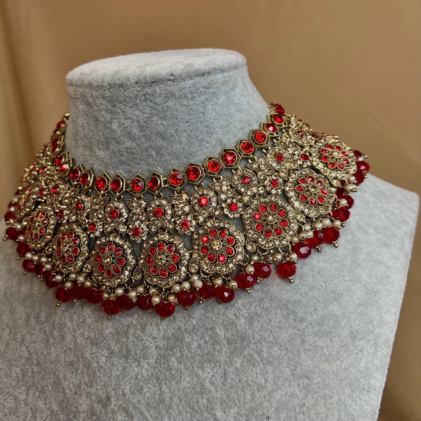 Red Necklace Set With Earrings Only - Red/Indian/ Pakistani Style/ Choker/ Earring/ Tikka/Wedding/Party