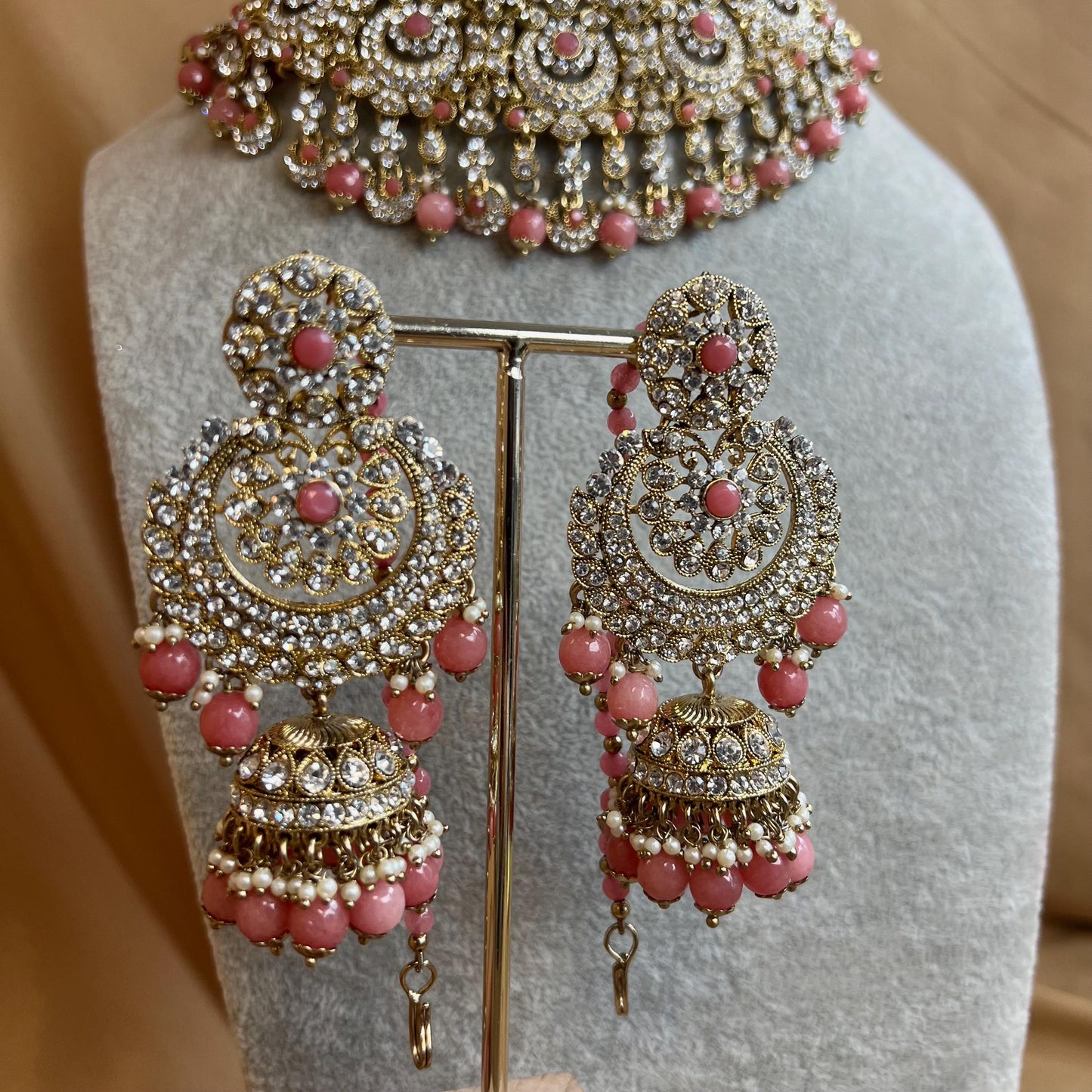 Pink Clear Crystal Necklace Set/Pink Jewellery Indian/ Pakistani/Fashion Jewellery/ Gift for Women