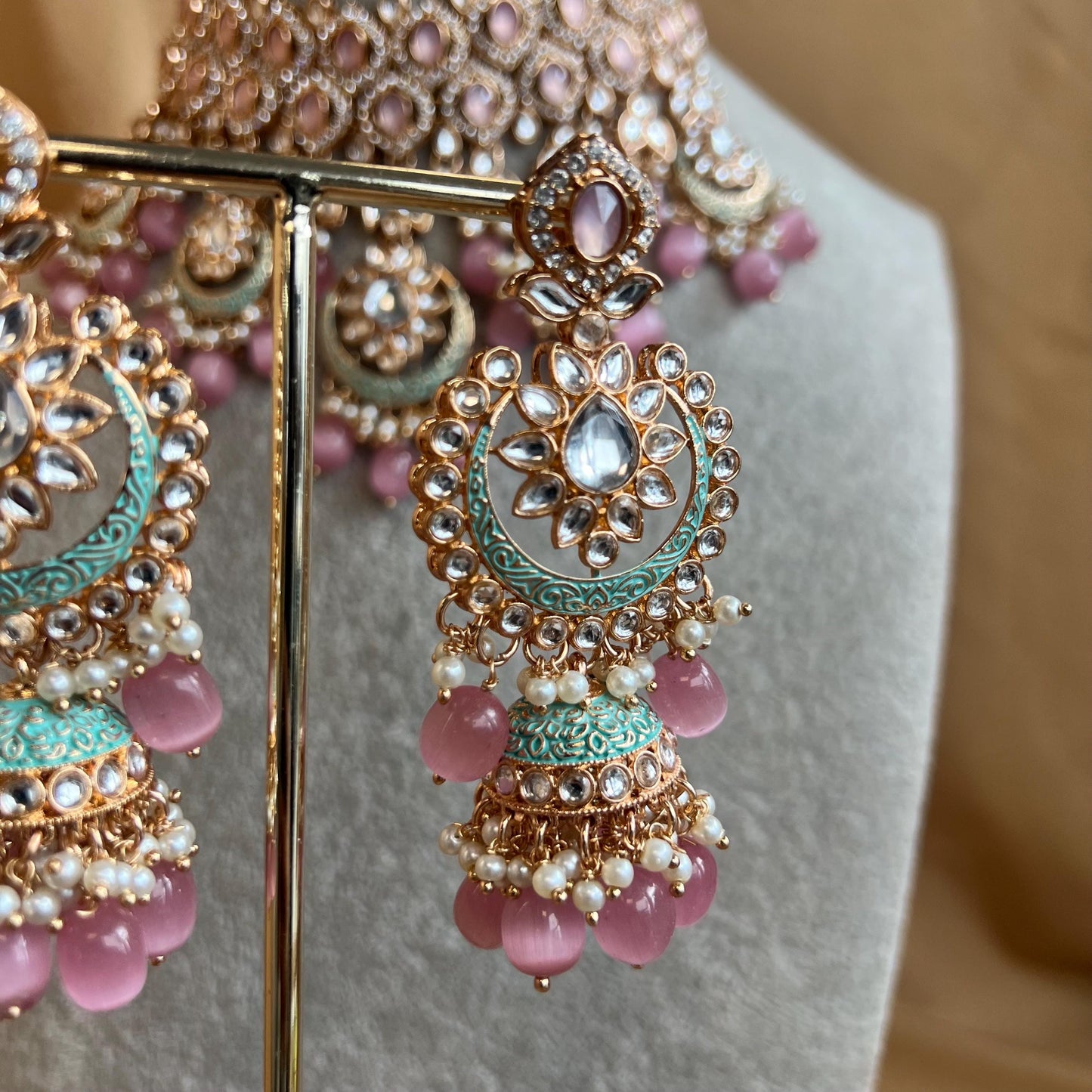Pastels Pink Faux Kundan Full Bridal Set/Mint & Pink Kundan Choker Set/Faux Kundan Jewellery/ Indian/ Pakistani Style/Bridal Jewellery