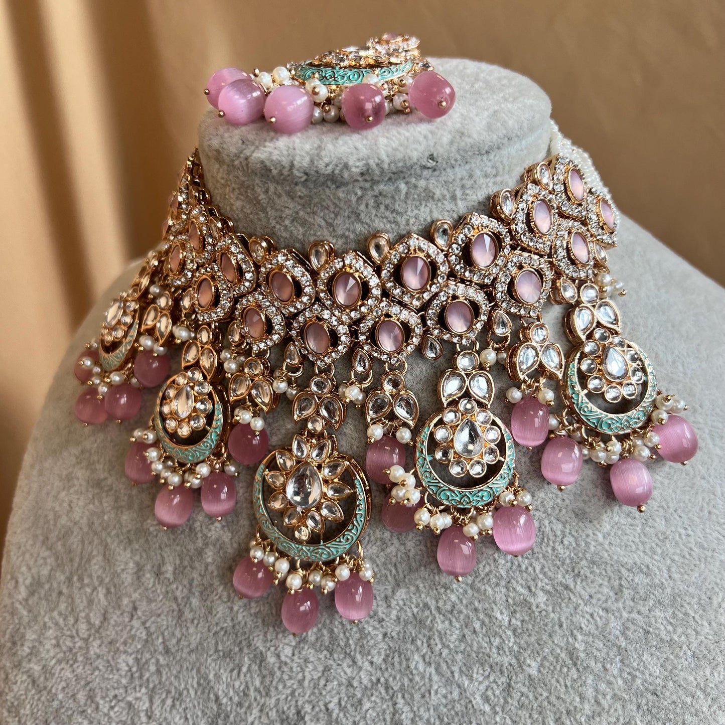 Pastels Pink Faux Kundan Full Bridal Set/Mint & Pink Kundan Choker Set/Faux Kundan Jewellery/ Indian/ Pakistani Style/Bridal Jewellery