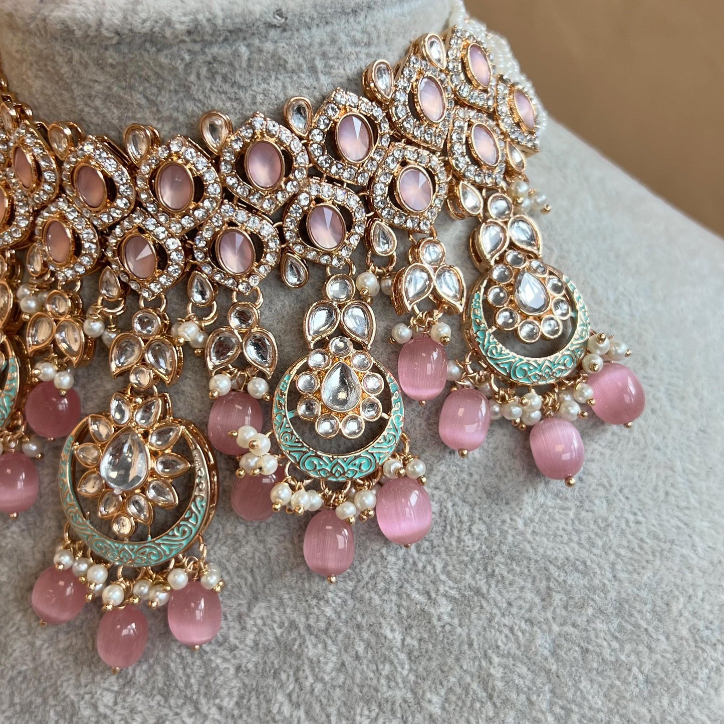 Pastels Pink Faux Kundan Full Bridal Set/Mint & Pink Kundan Choker Set/Faux Kundan Jewellery/ Indian/ Pakistani Style/Bridal Jewellery