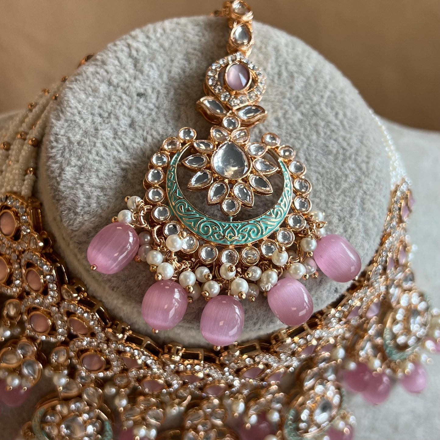 Pastels Pink Faux Kundan Full Bridal Set/Mint & Pink Kundan Choker Set/Faux Kundan Jewellery/ Indian/ Pakistani Style/Bridal Jewellery