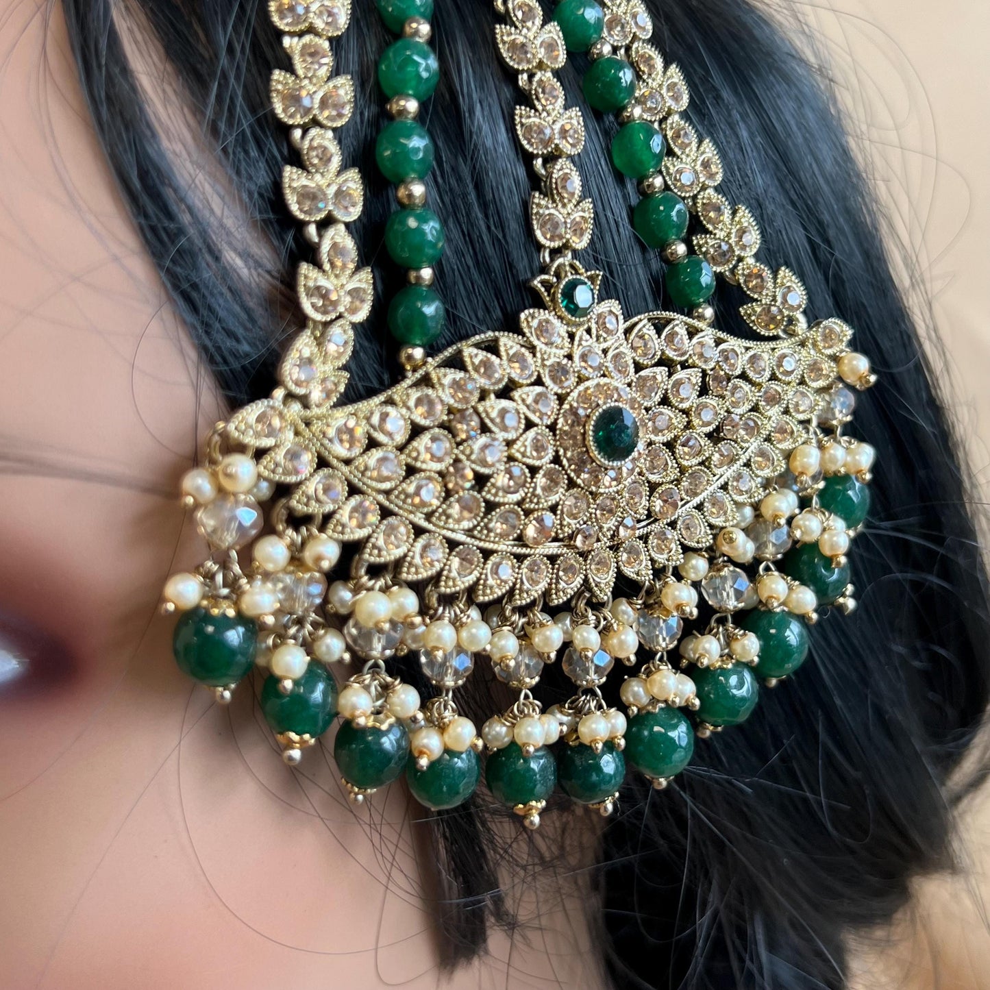 Jhumar/Green/Gold/Emerald Green Bead/Champagne Zircon Crystal/ Jhoomar / Passa/ Indian/ Pakistani Style/Head Piece High Quality