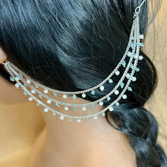 Antique Gold Blue Pearl Ear Chains to add to any earring style. Bollywood  (Saharey) / Indian Style Earring/ Fashion Jewellery