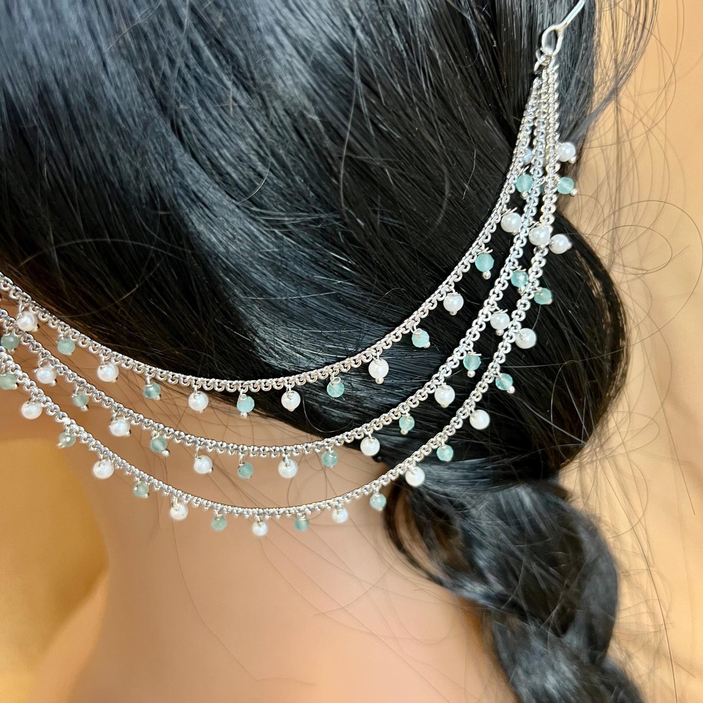 Antique Gold Blue Pearl Ear Chains to add to any earring style. Bollywood  (Saharey) / Indian Style Earring/ Fashion Jewellery