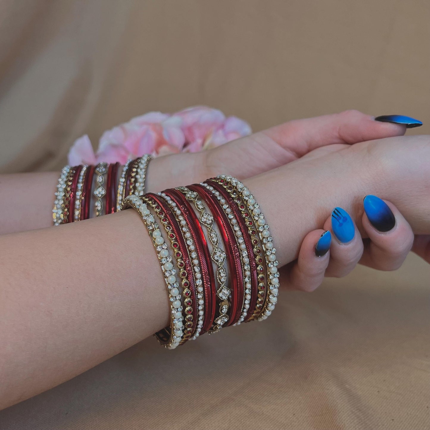 Small Maroon Pearly Indian Bangle Set - Both Arms Indian/ Pakistani/Jewelley/ Fashion Bracelet