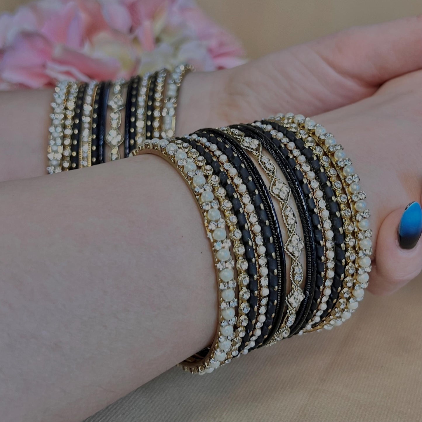 Small Black Pearly Indian Bangle Set - Both Arms Indian/ Pakistani/Jewelley/ Fashion Bracelet