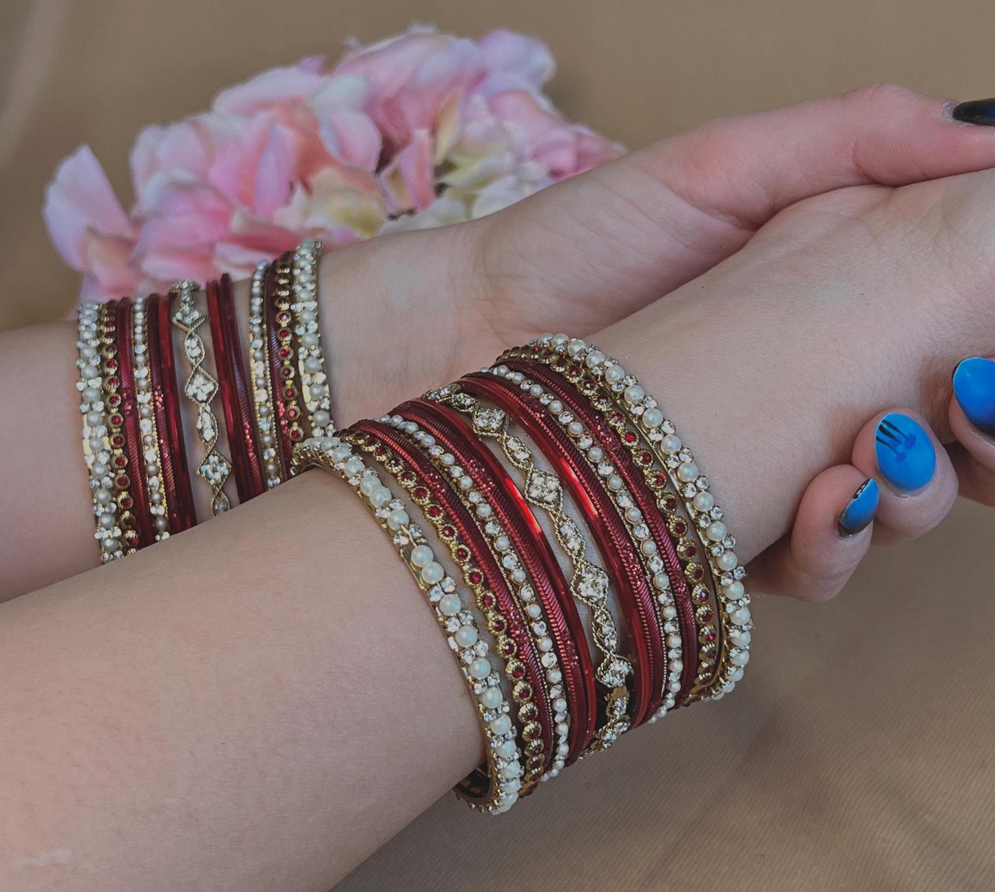 Small Maroon Pearly Indian Bangle Set - Both Arms Indian/ Pakistani/Jewelley/ Fashion Bracelet
