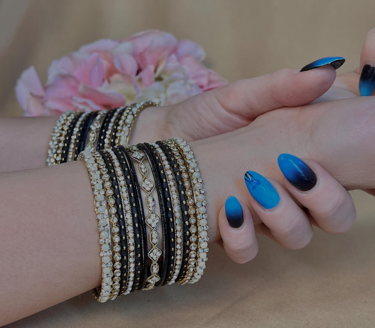 Small Black Pearly Indian Bangle Set - Both Arms Indian/ Pakistani/Jewelley/ Fashion Bracelet