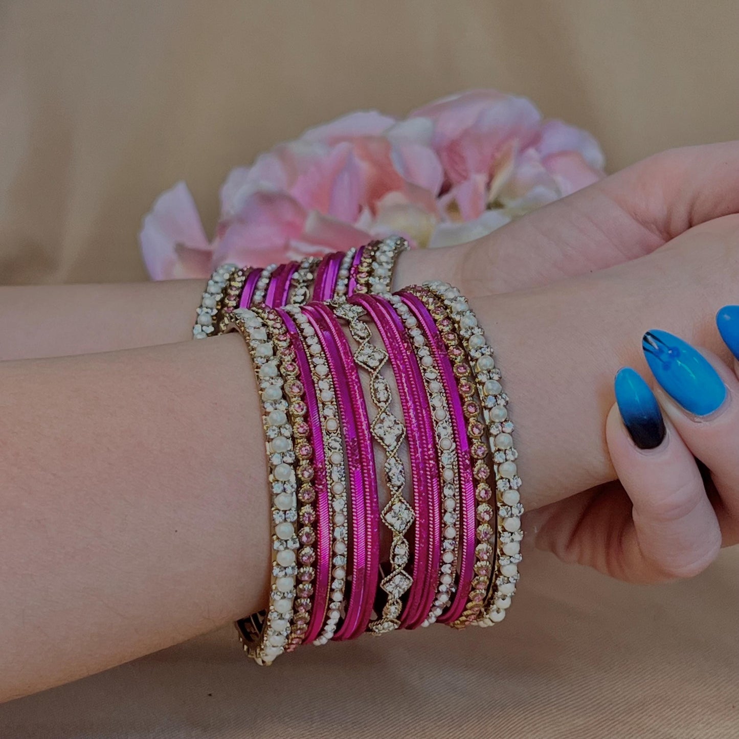 Small Hot Pink Pearly Indian Bangle Set - Both Arms Indian/ Pakistani/Jewelley/ Fashion Bracelet