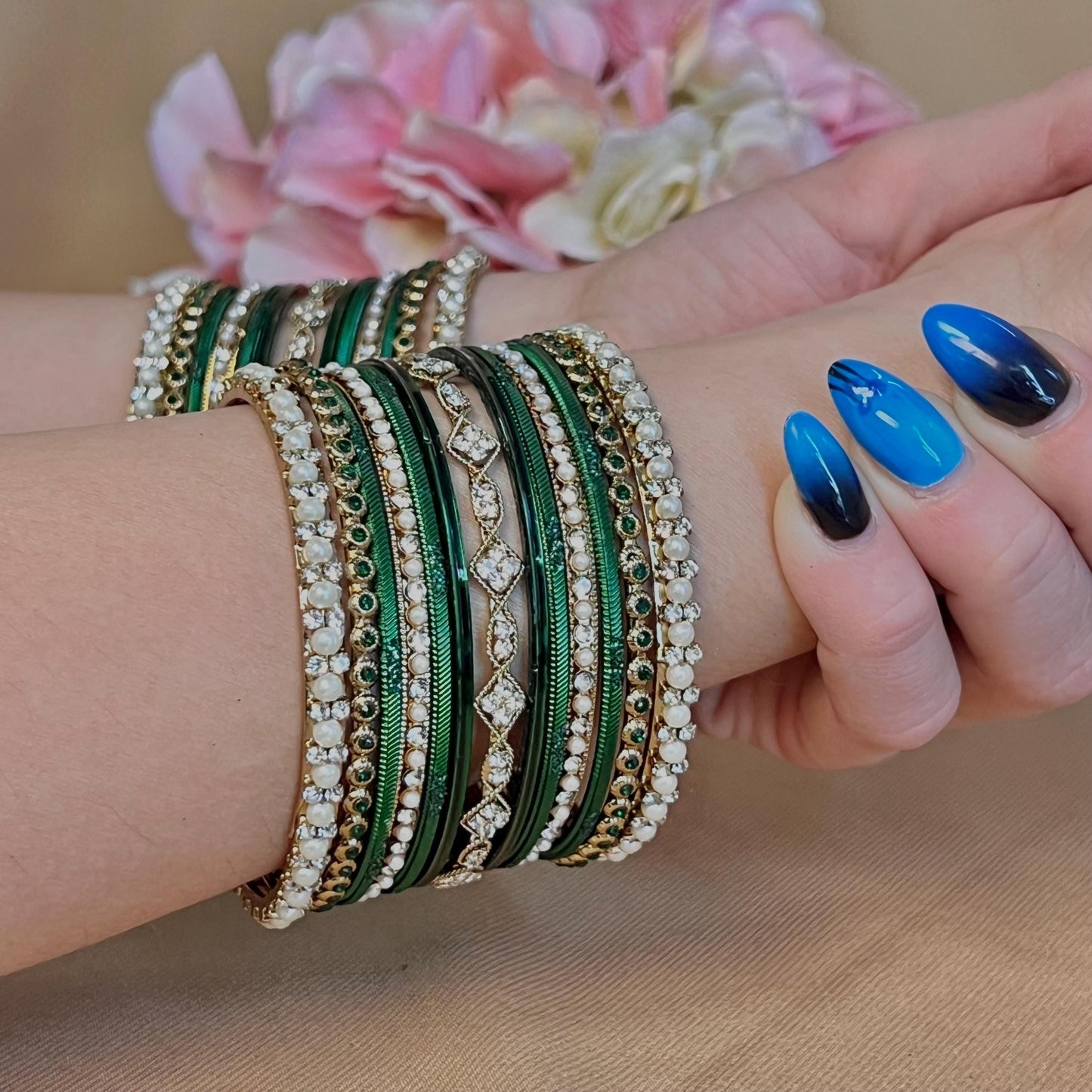 Small Green Pearly  Bangle Set - Both Arms Indian/ Pakistani/Jewellery/ Fashion Bracelet