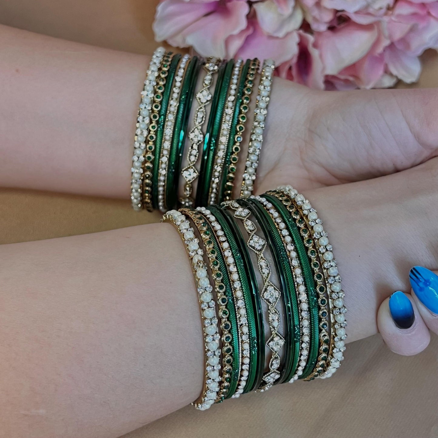 Small Green Pearly  Bangle Set - Both Arms Indian/ Pakistani/Jewellery/ Fashion Bracelet