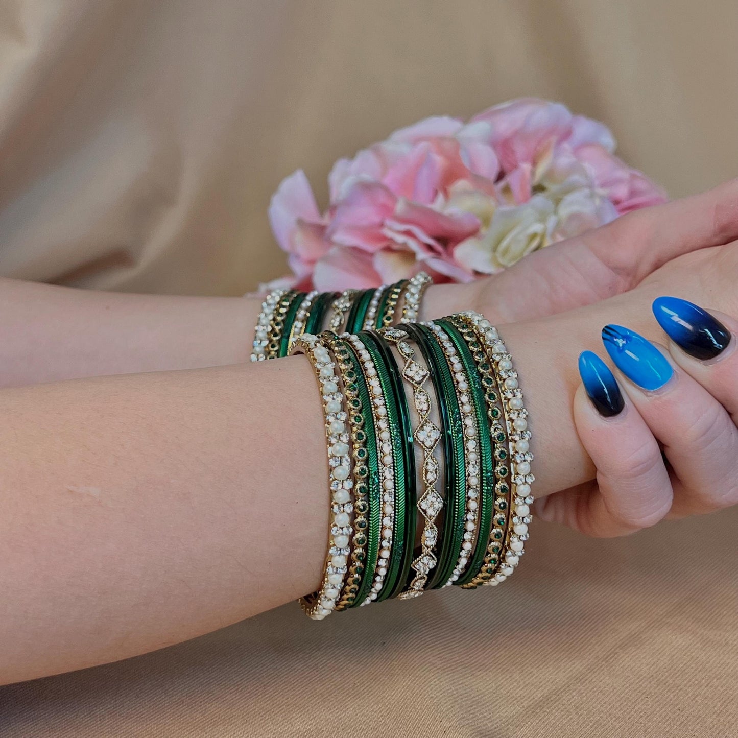 Small Green Pearly  Bangle Set - Both Arms Indian/ Pakistani/Jewellery/ Fashion Bracelet
