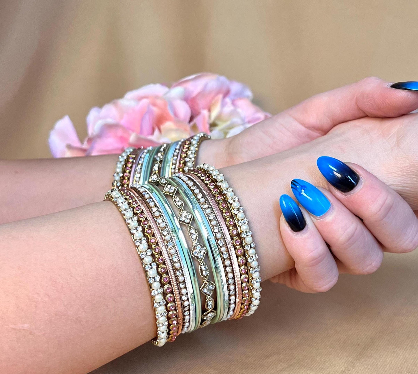 Small Pink & Mint Pearly Bangle Set - Both Arms Indian/Pastels Bangle Set/ Pakistani/Jewelley/ Fashion Bracelet