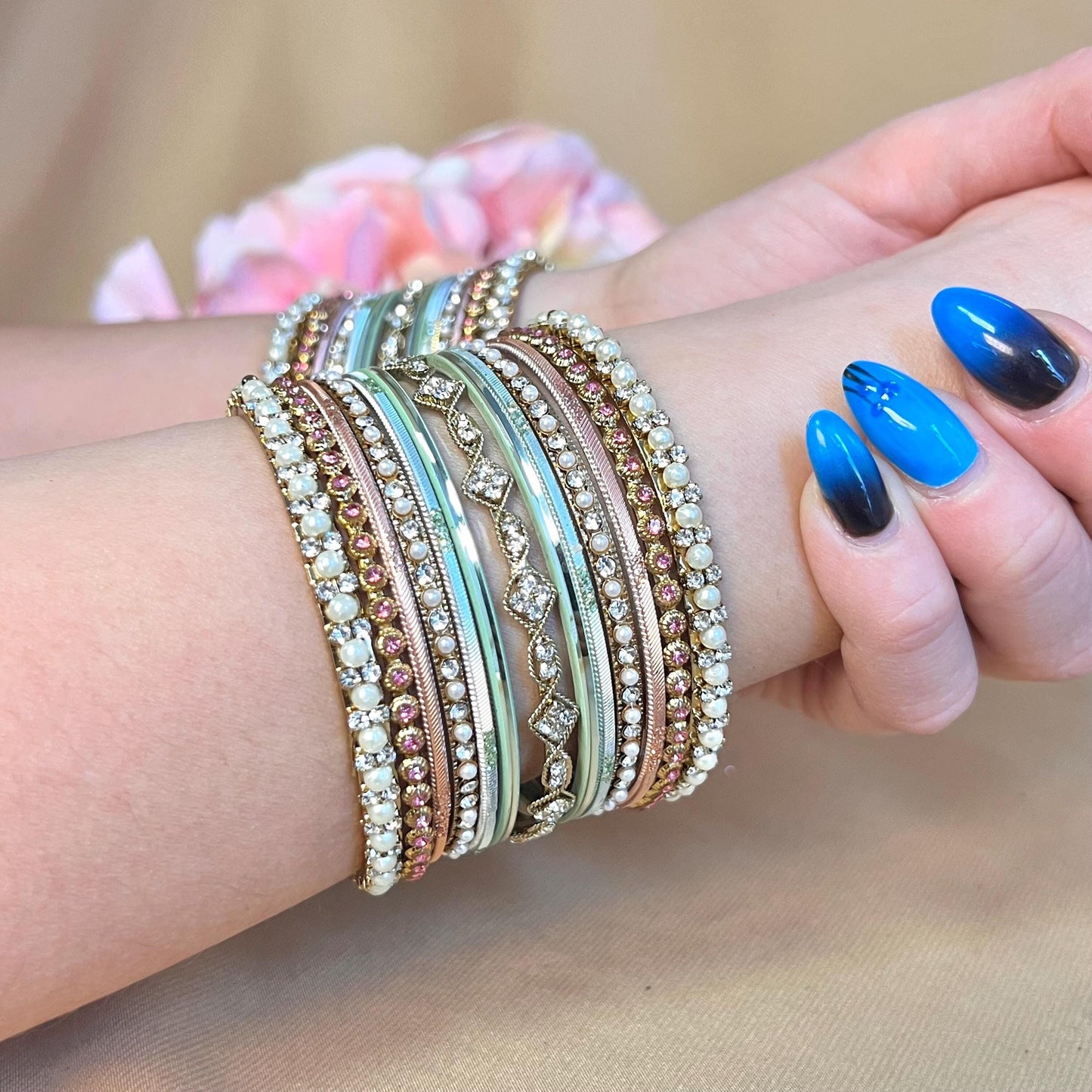 Small Pink & Mint Pearly Bangle Set - Both Arms Indian/Pastels Bangle Set/ Pakistani/Jewelley/ Fashion Bracelet