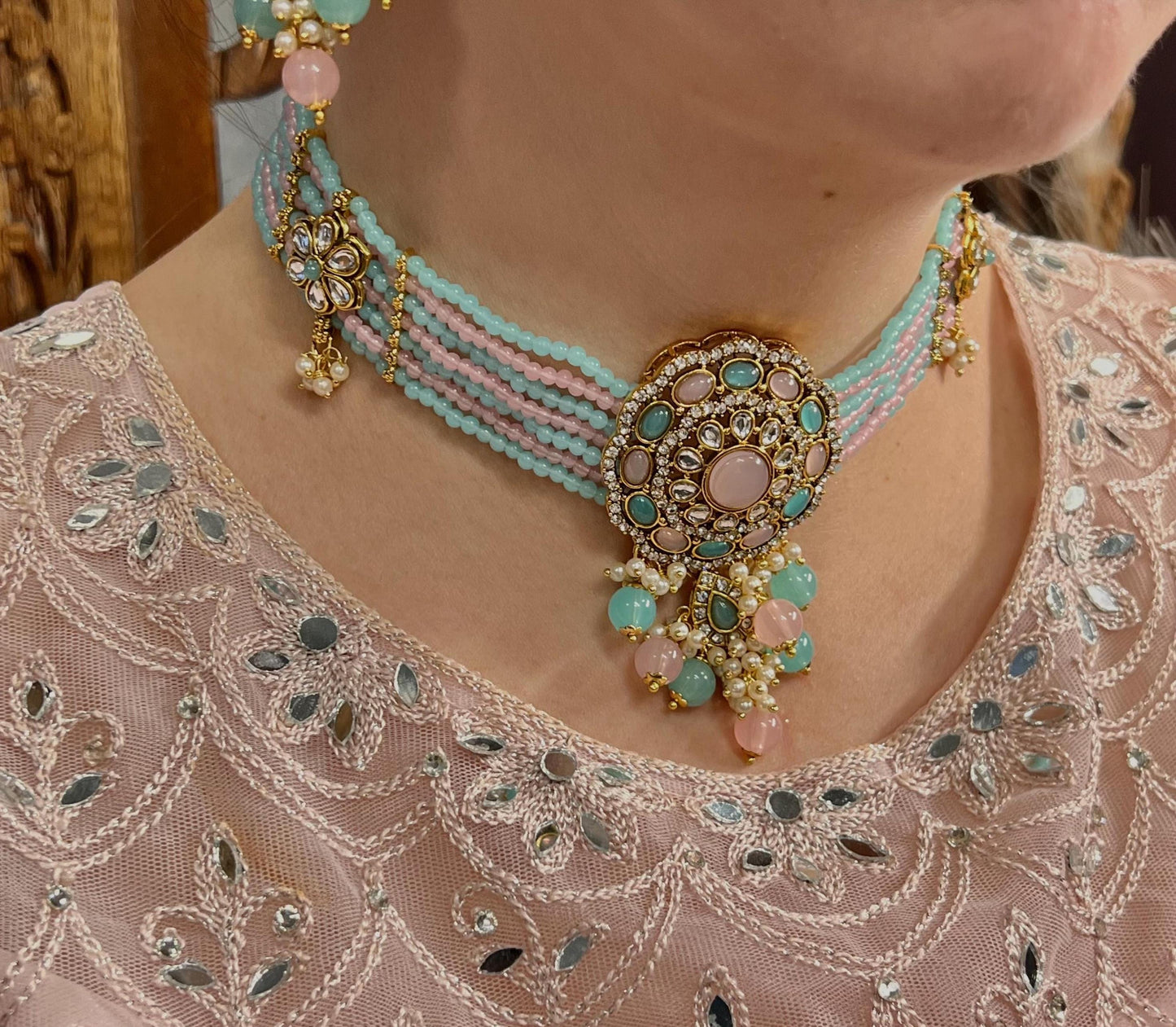 Faux Kundan Pastel Pearl Choker set Earring/ Tikka/ Tikli/ Indian/ Pakistani/Fashion Jewellery/ Gift for Women/