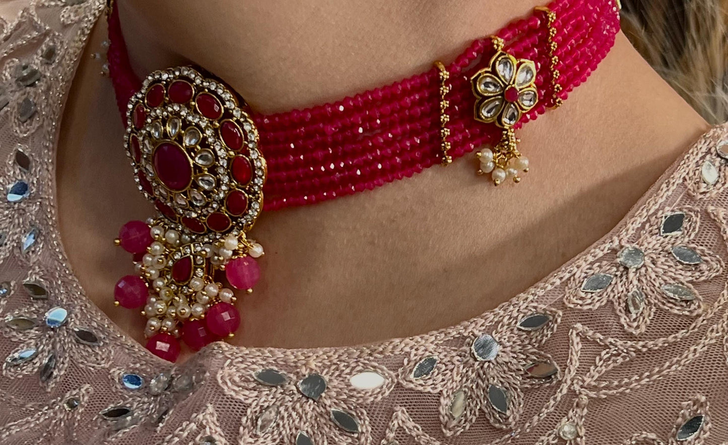 Hot Pink Choker Set Matching Bangle Set Both Arms/Pink Choker Set/Hot Pink Bangle Set Indian/ Pakistani/Fashion Jewellery