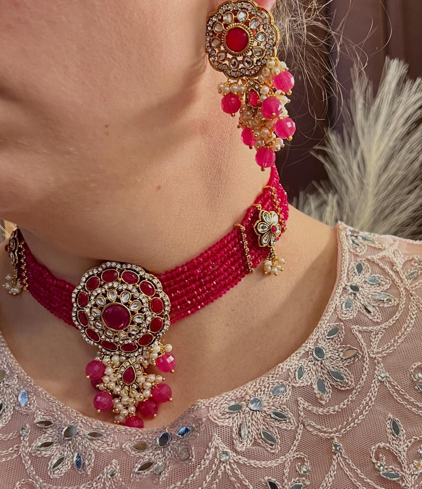 Hot Pink Choker Set Matching Bangle Set Both Arms/Pink Choker Set/Hot Pink Bangle Set Indian/ Pakistani/Fashion Jewellery