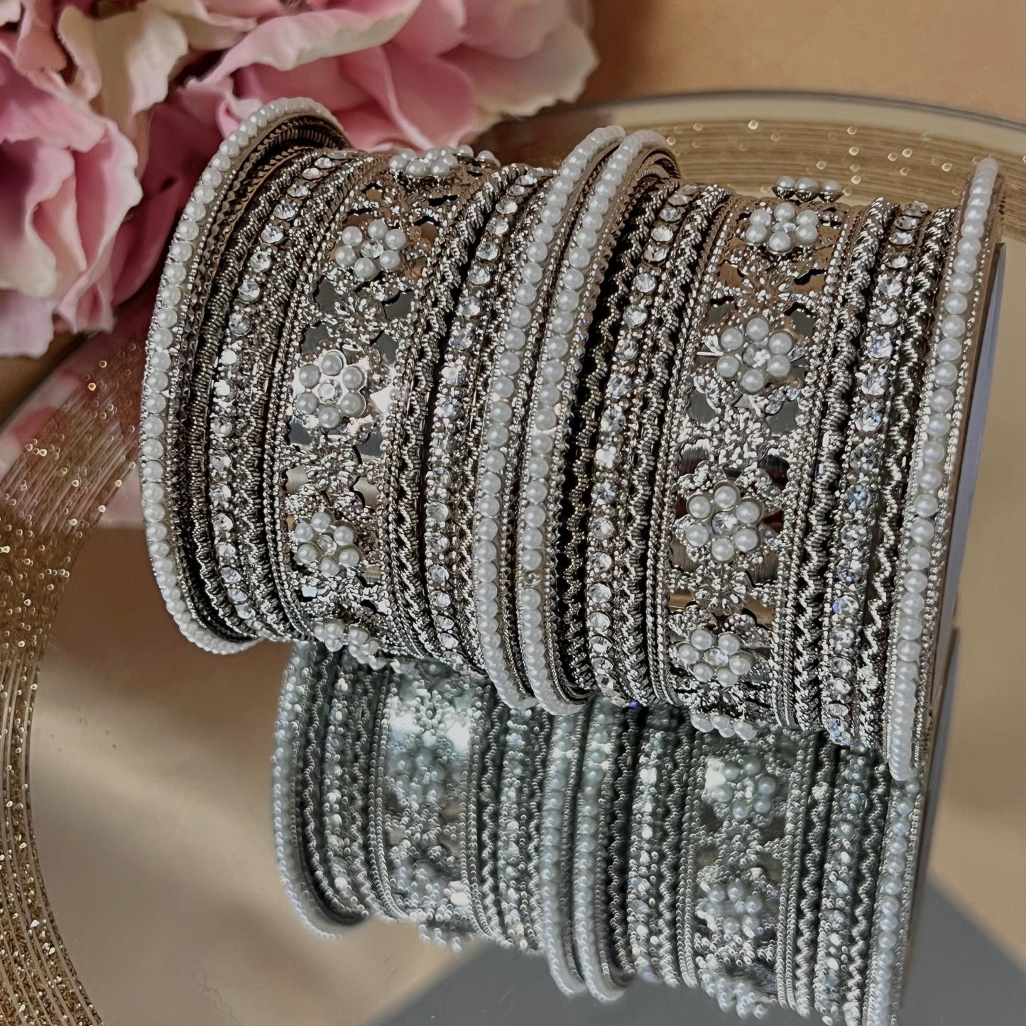 Silver Pearly Small Bangle Set Both Arms - 2.6 Only/Silver Kada Bangle Set/Indian/ Pakistani/Jewelley/ Fashion Bracelet