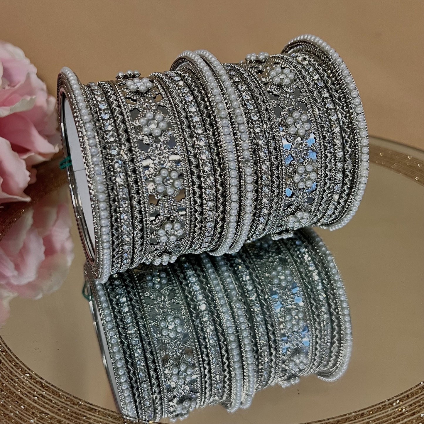 Silver Pearly Small Bangle Set Both Arms - 2.6 Only/Silver Kada Bangle Set/Indian/ Pakistani/Jewelley/ Fashion Bracelet