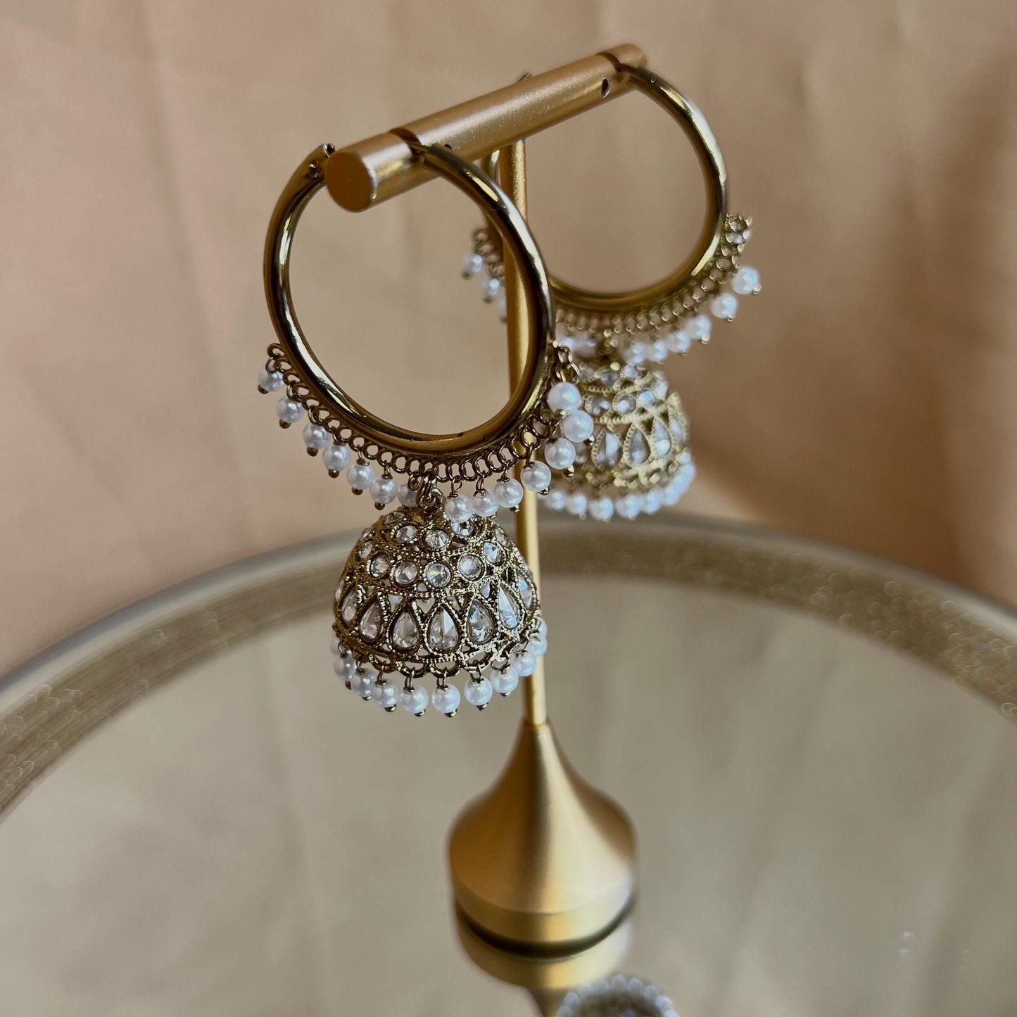 Pierced Antique Gold Clear Medium Hoop Jhumka Earrings/ Pakistani Fashion/Gift for Women/Eid Gifts/Earrings Sale/Jhumka Sale/Clear Jhumkis