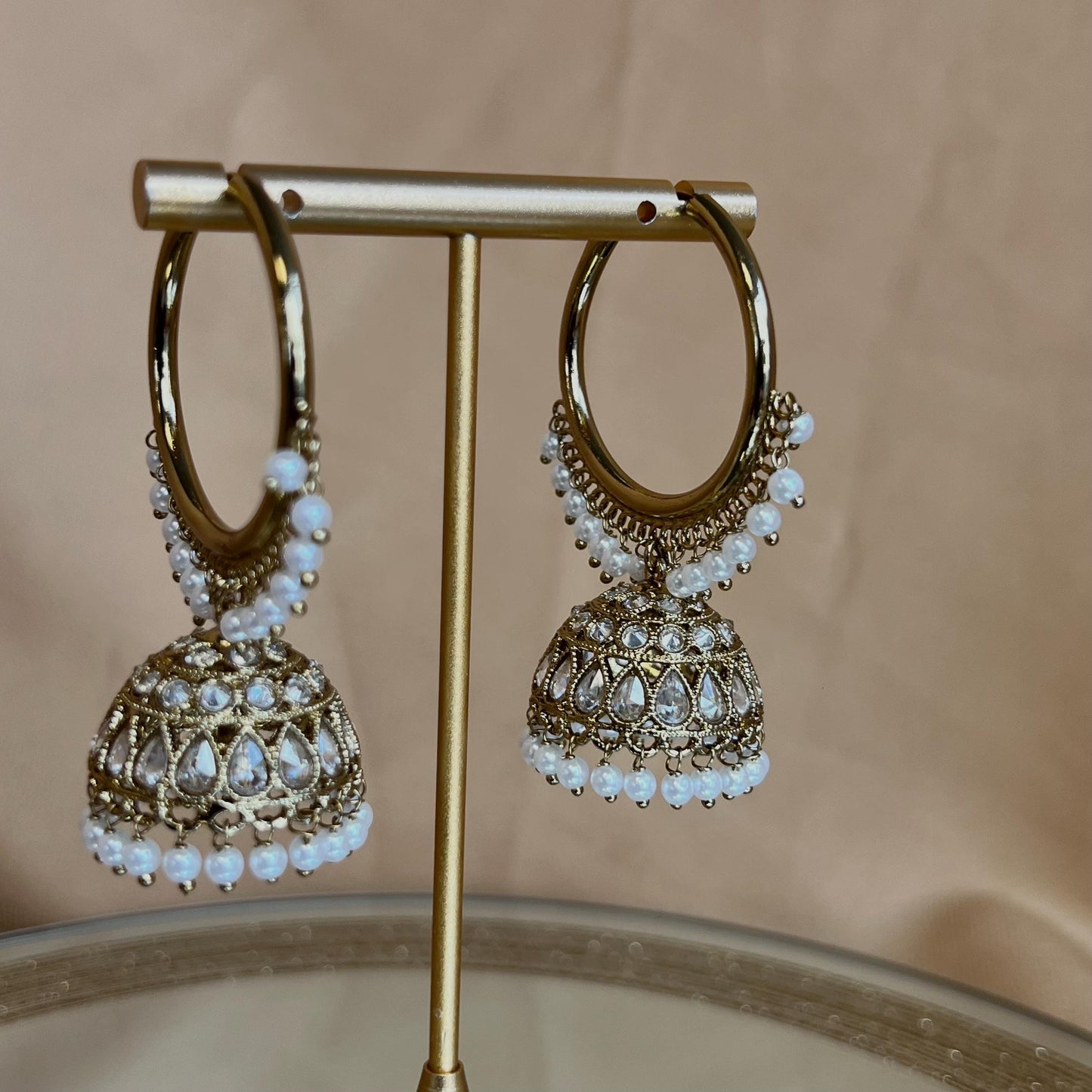 Pierced Antique Gold/Clear Medium Hoop Jhumka Earrings/ Pakistani Fashion/Gift for Women/Eid Gifts/Jhumka Sale/Earring Sale