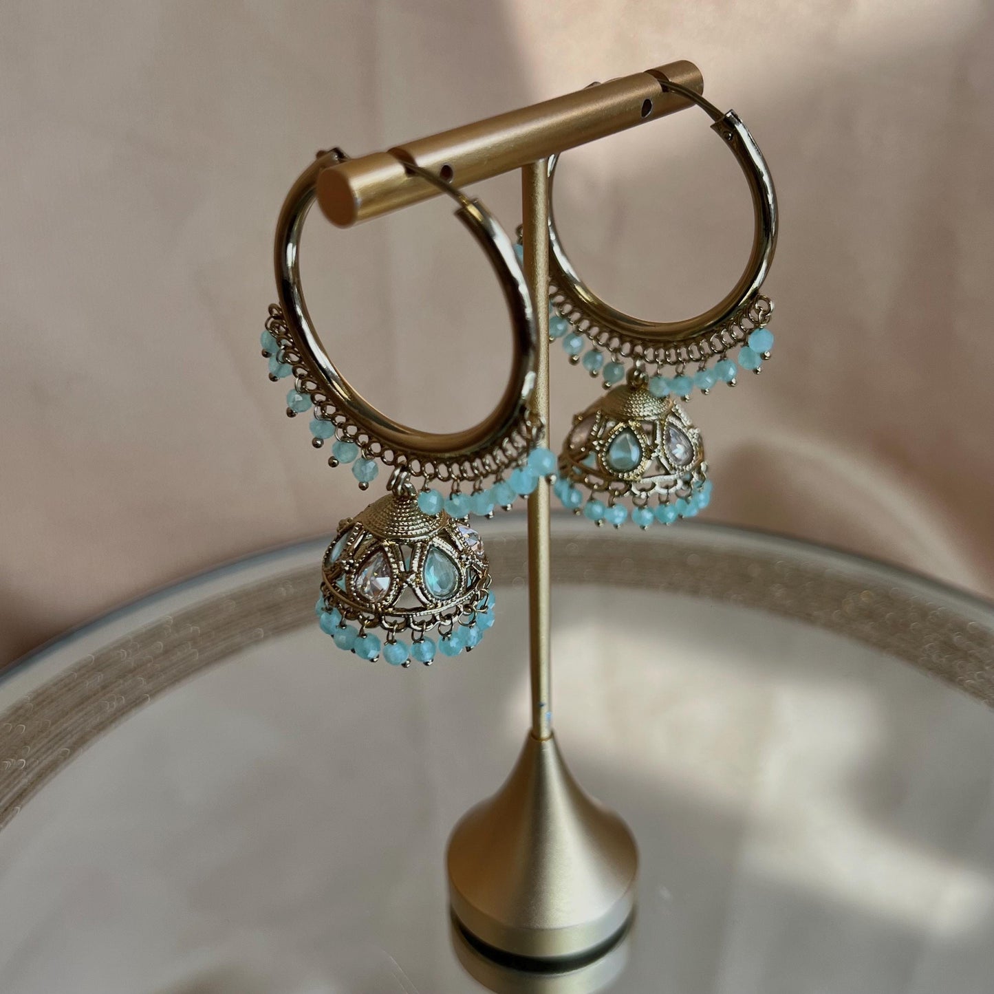 Pierced Antique Gold /Sky Blue Medium Hoop Jhumka Earrings/ Pakistani Fashion/ Gift for Women/Eid Gifts/Jhumka Sale/Earring Sale