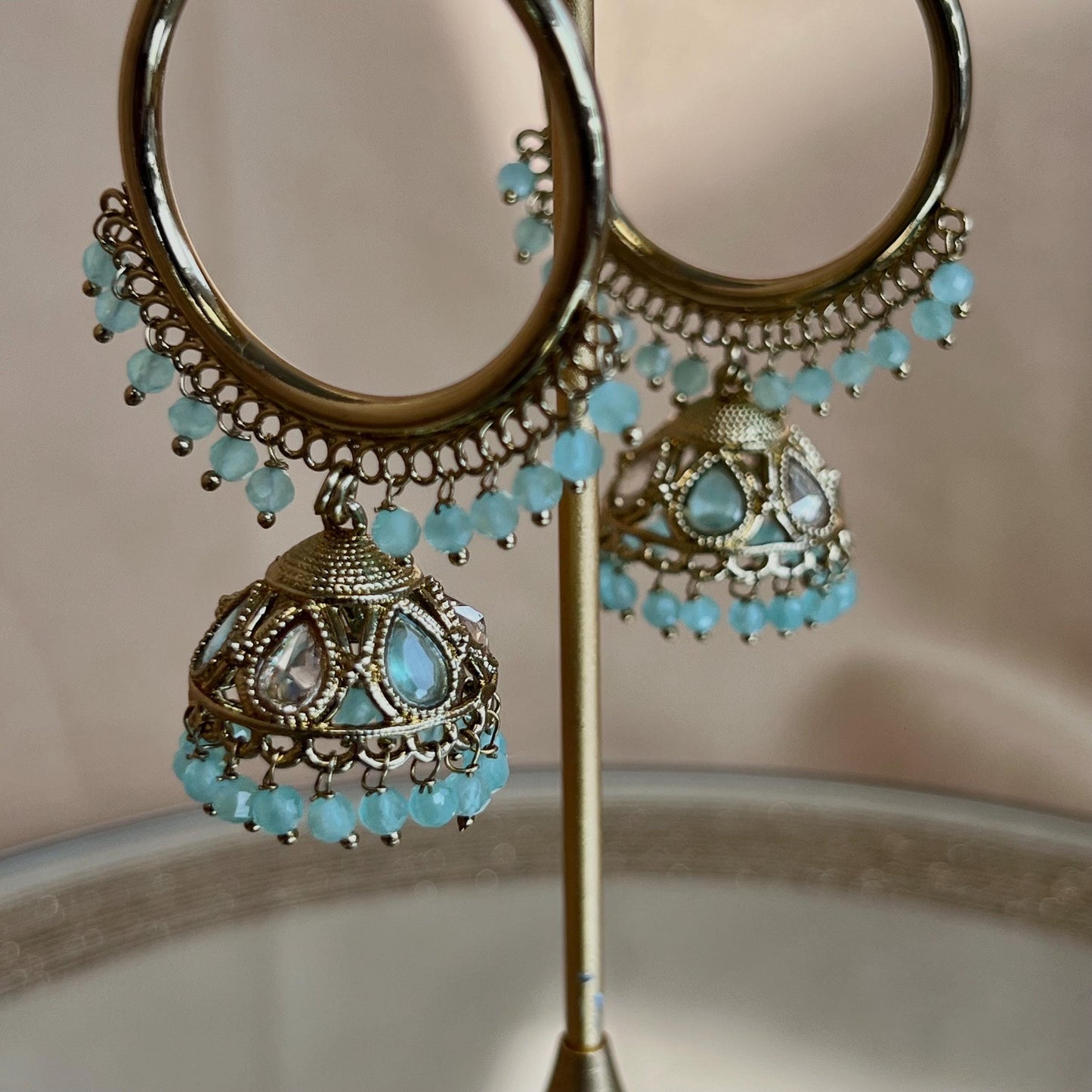 Pierced Antique Gold /Sky Blue Medium Hoop Jhumka Earrings/ Pakistani Fashion/ Gift for Women/Eid Gifts/Jhumka Sale/Earring Sale