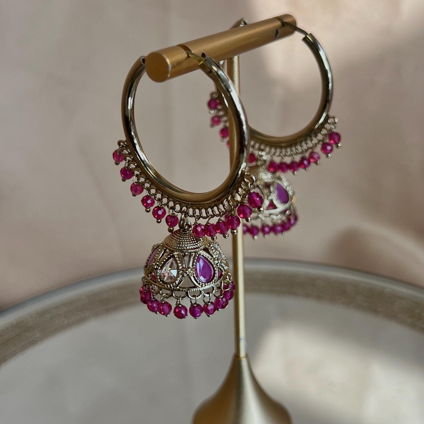 Pierced Antique Gold  Ruby Medium Hoop Jhumka Earrings/ Pakistan/ Gift for Women/Eid Gifts/Earrings Sale/Jhumka Sale/Clear Jhumkis